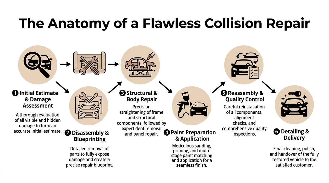 A step-by-step infographic showing the professional car collision repair process from damage assessment to final delivery.