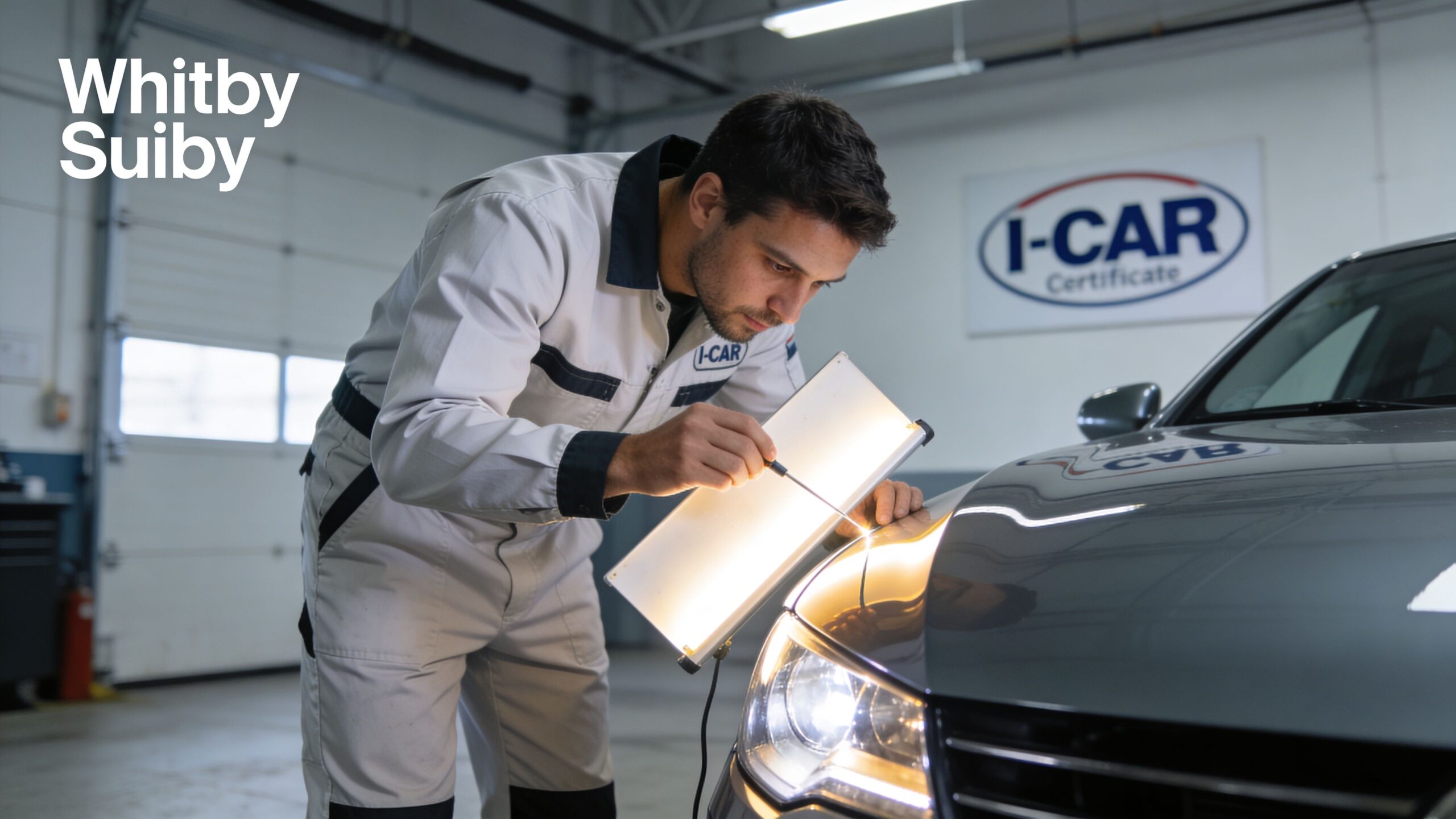 A professional technician using a specialized light board to inspect and repair a dent on a vehicle hood.