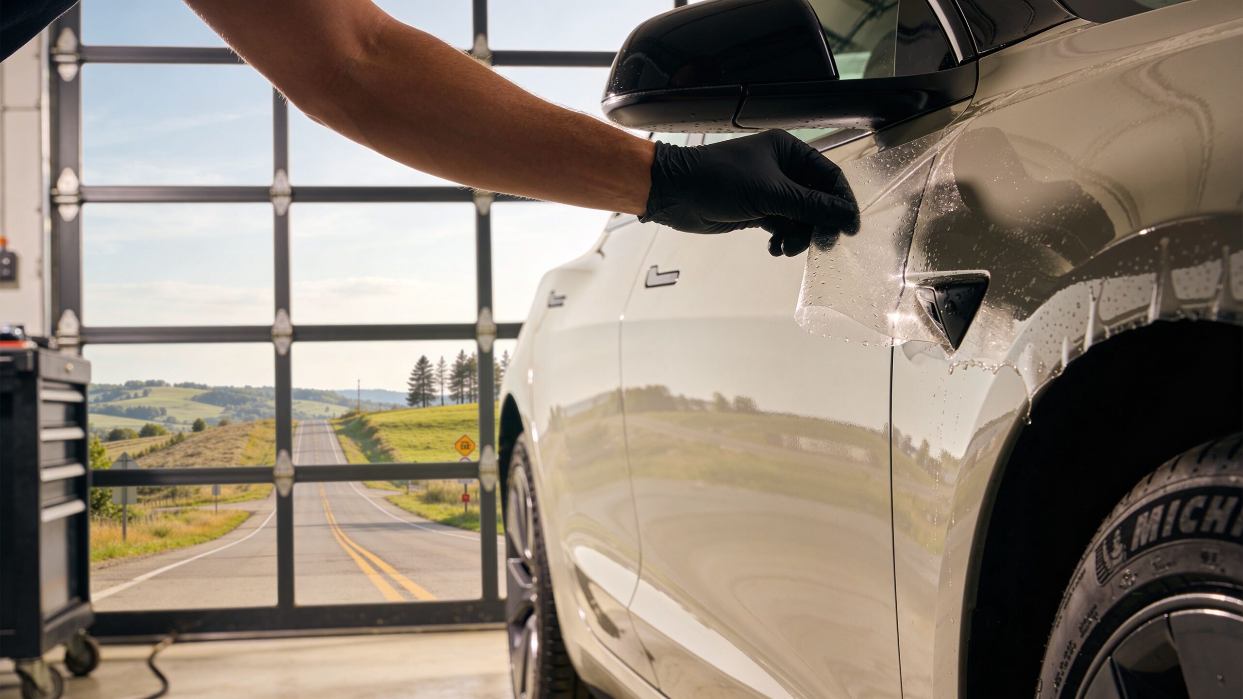 A technician wearing black gloves applying protective film to a white car door in a garage.
