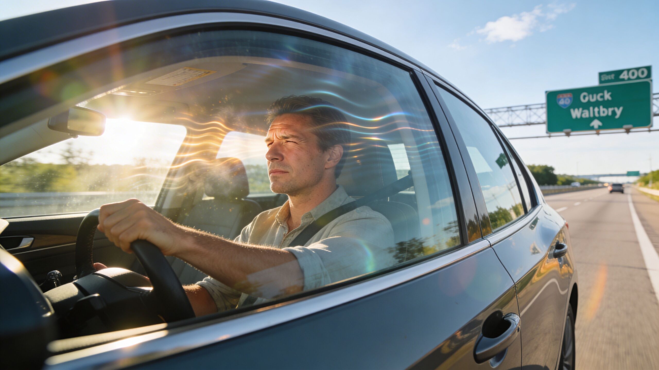 Best Window Tint Brands: Top Picks & Guide for 2026 1 A man driving a car on a highway with light reflections on the window glass.