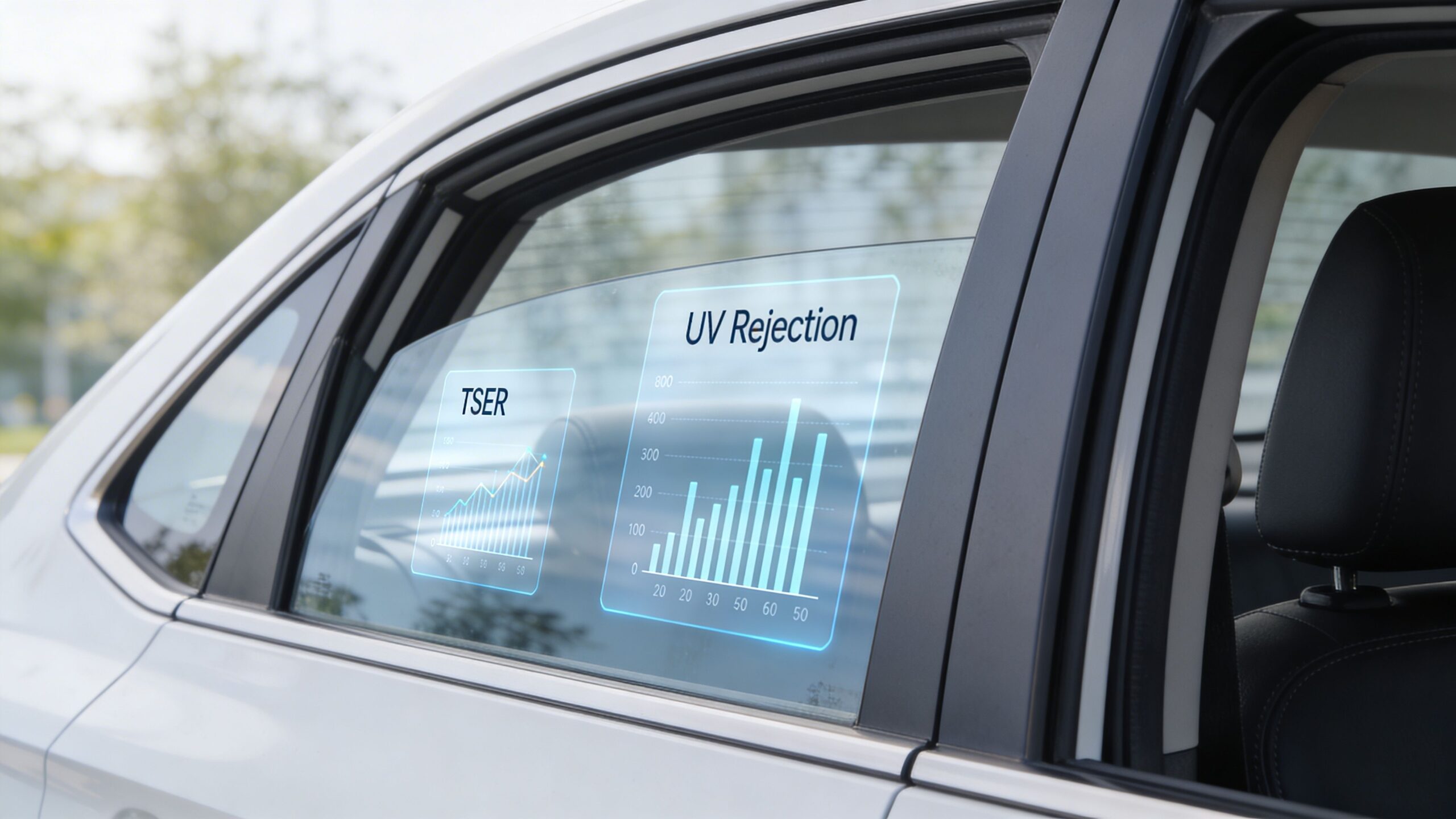 Best Window Tint Brands: Top Picks & Guide for 2026 3 A modern car window displaying a digital holographic projection of UV rejection and TSER data statistics.