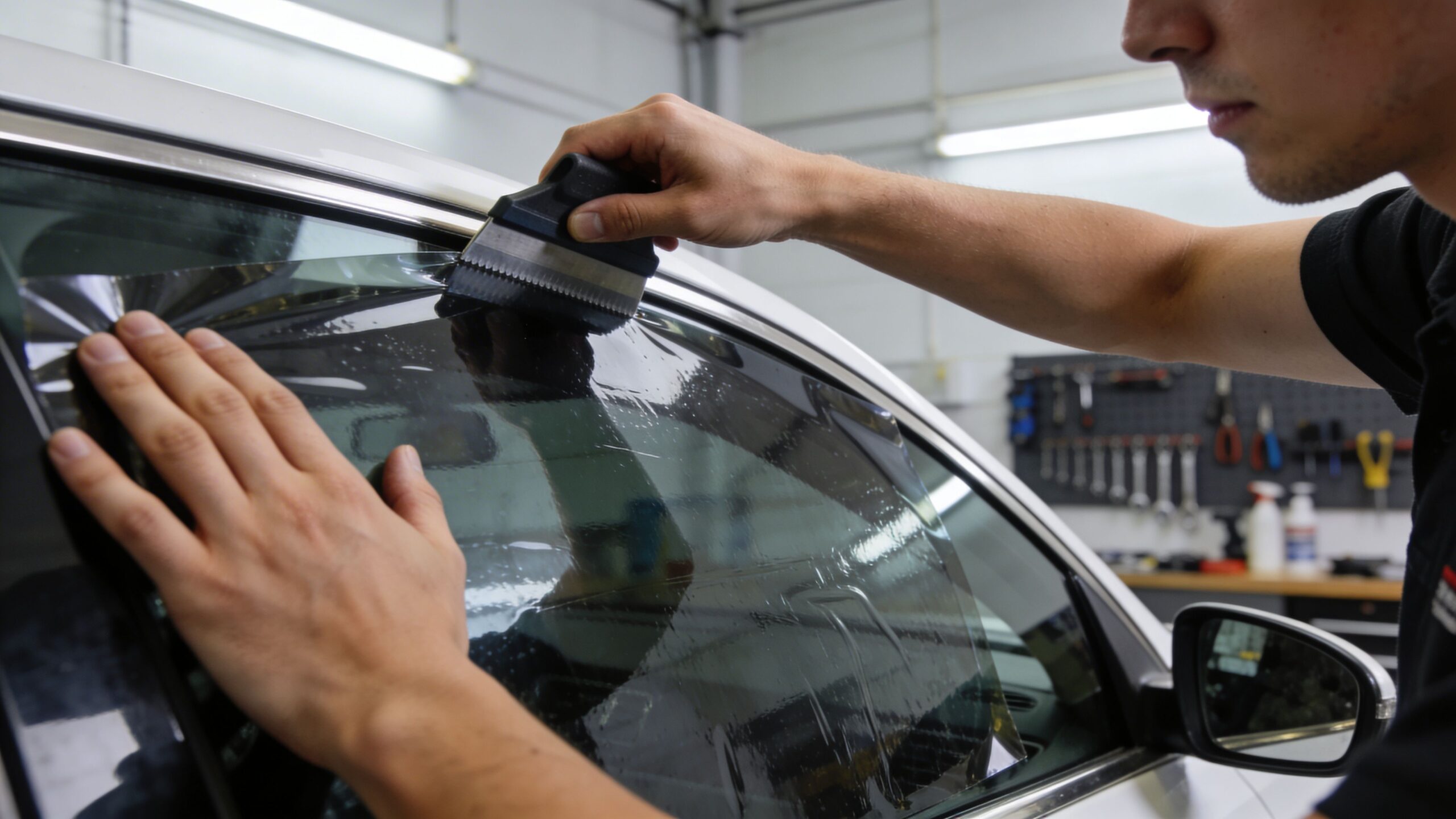 Best Window Tint Brands: Top Picks & Guide for 2026 4 A professional technician carefully applying automotive window tint film to a car side window using a squeegee tool.