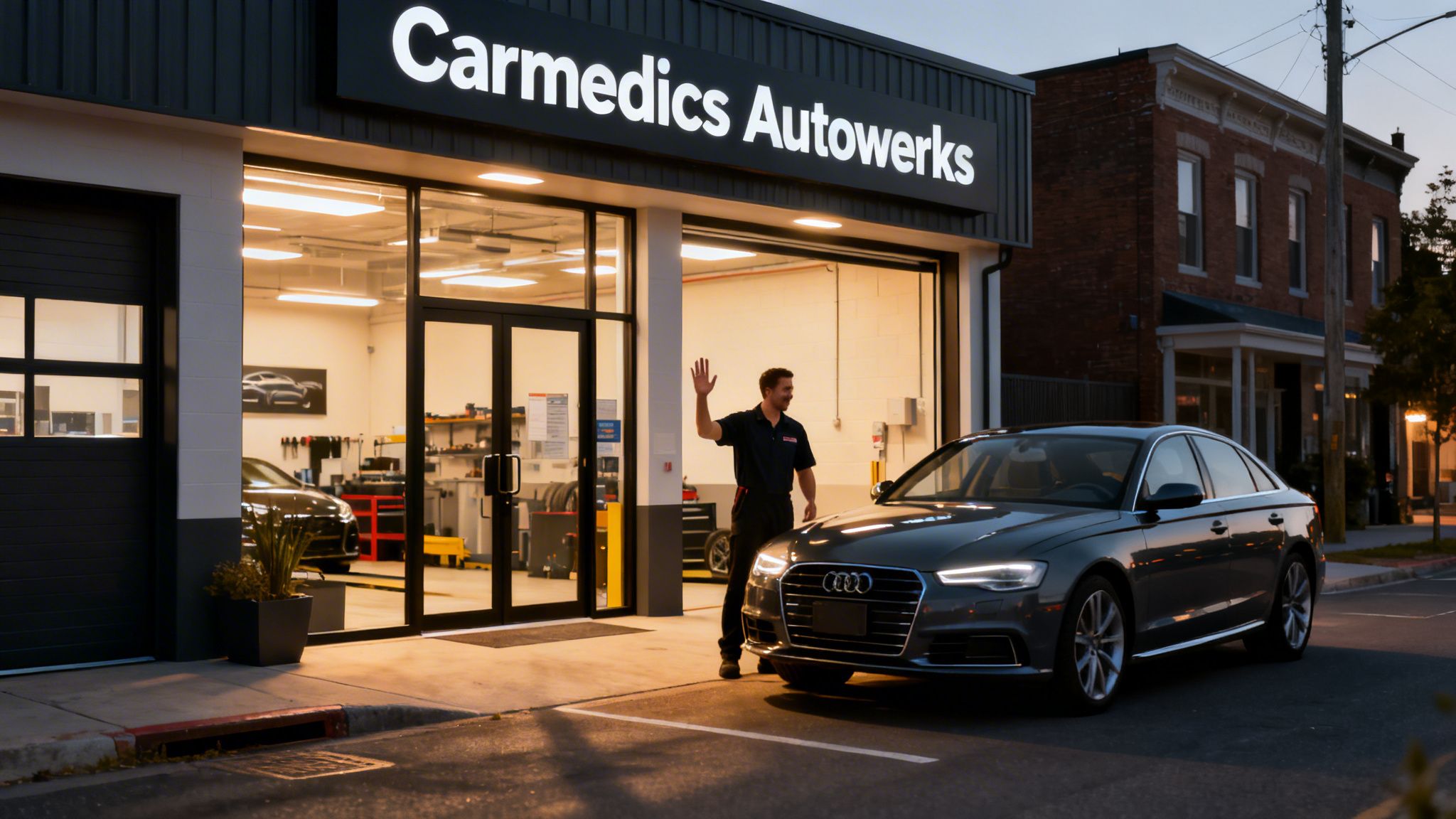 Brake Check Near Me Your Complete Whitby Guide 3 A smiling mechanic waves goodbye to a customer driving an Audi from a brightly lit auto repair shop.