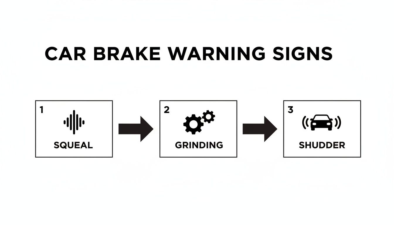 Brake Check Near Me Your Complete Whitby Guide 2 Diagram showing three car brake warning signs: squeal, grinding, and shudder, illustrated with icons.