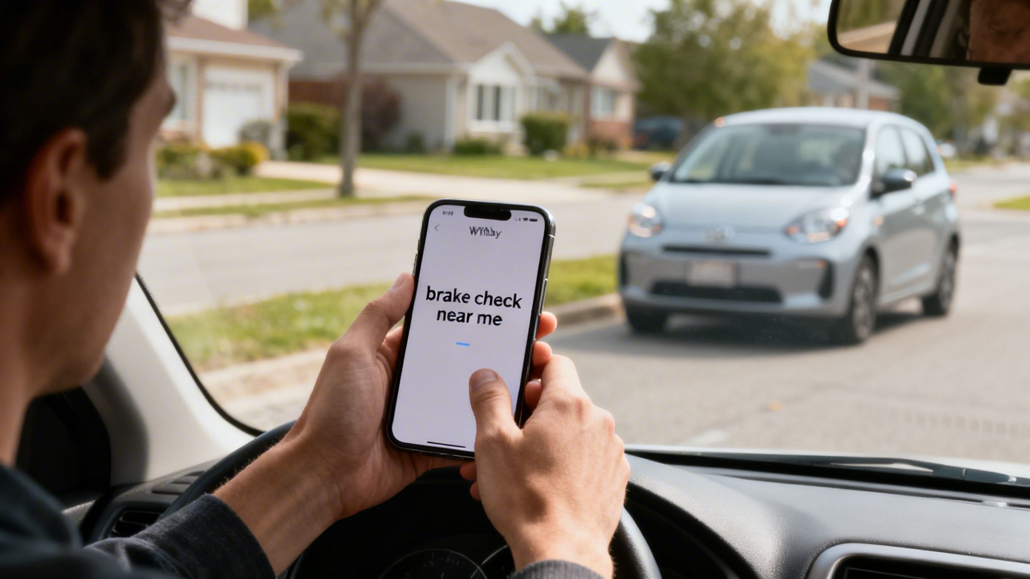 Brake Check Near Me Your Complete Whitby Guide 1 A person inside a car holds a smartphone displaying 'brake check near me' with a car visible outside.