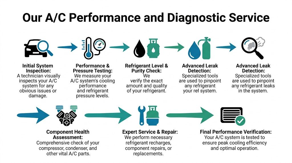 A diagnostic process flowchart for automotive air conditioning services showing step by step repair procedures.