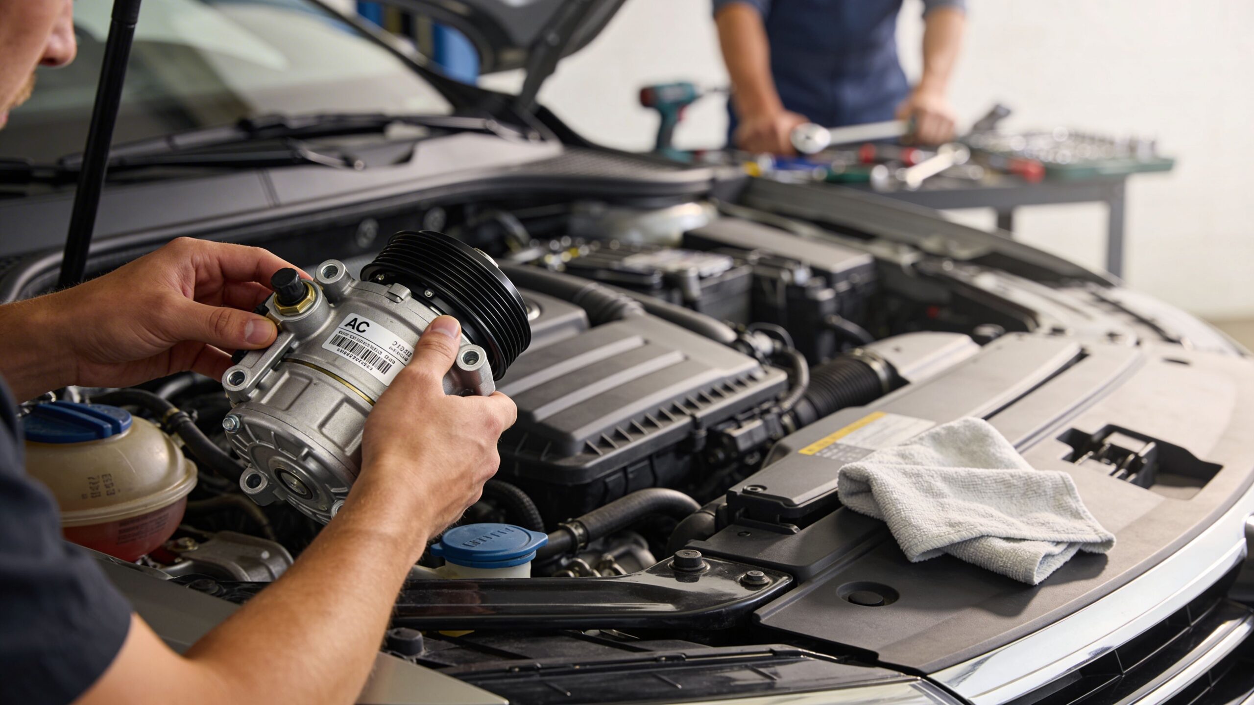 Car Air Conditioner Guide for Whitby Drivers (2026) 3 A mechanic holding a new car air conditioner compressor while inspecting the engine bay of a vehicle.