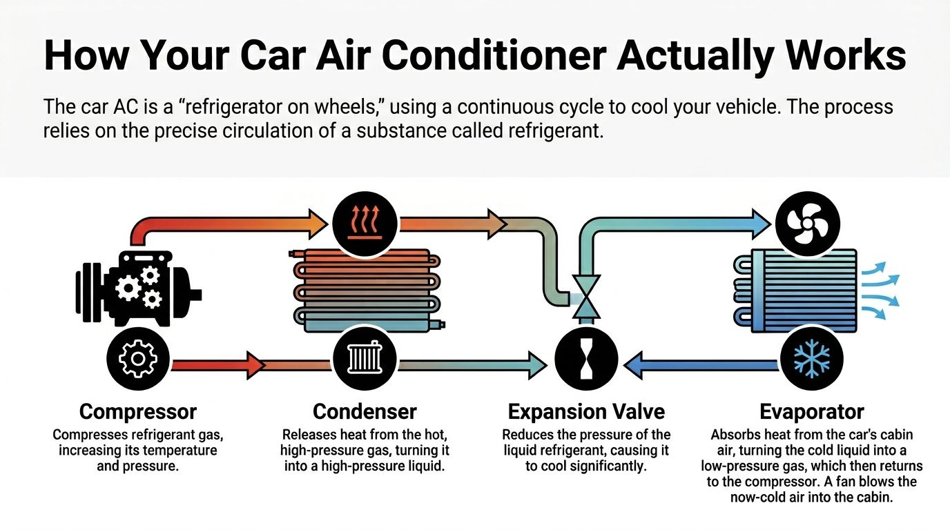Car Air Conditioner Guide for Whitby Drivers (2026) 1 A diagram illustrating the four main components of a car air conditioner and how they cycle refrigerant.