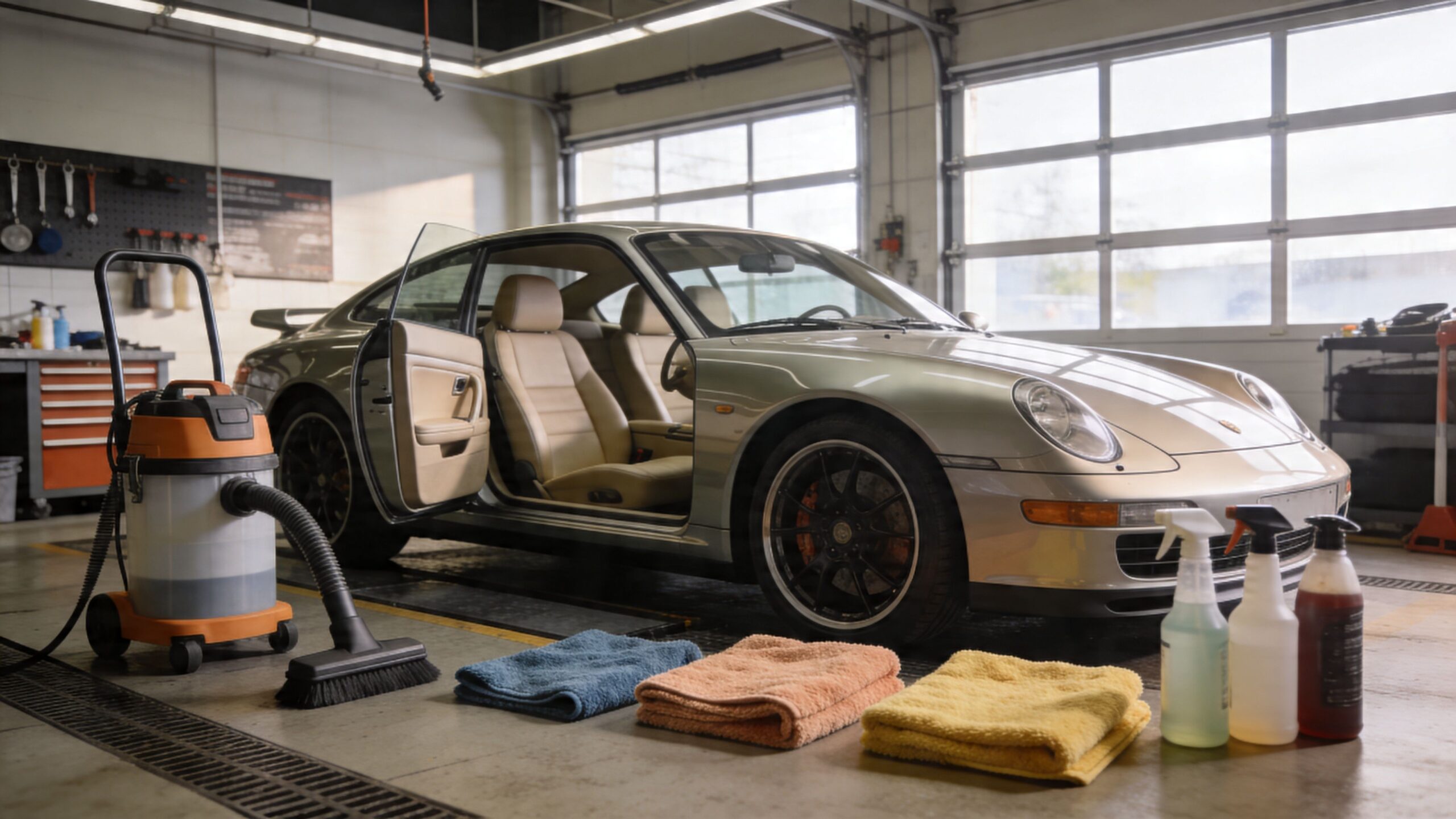 A professional car detailing service shop featuring a silver sports car, cleaning equipment, and microfiber towels.