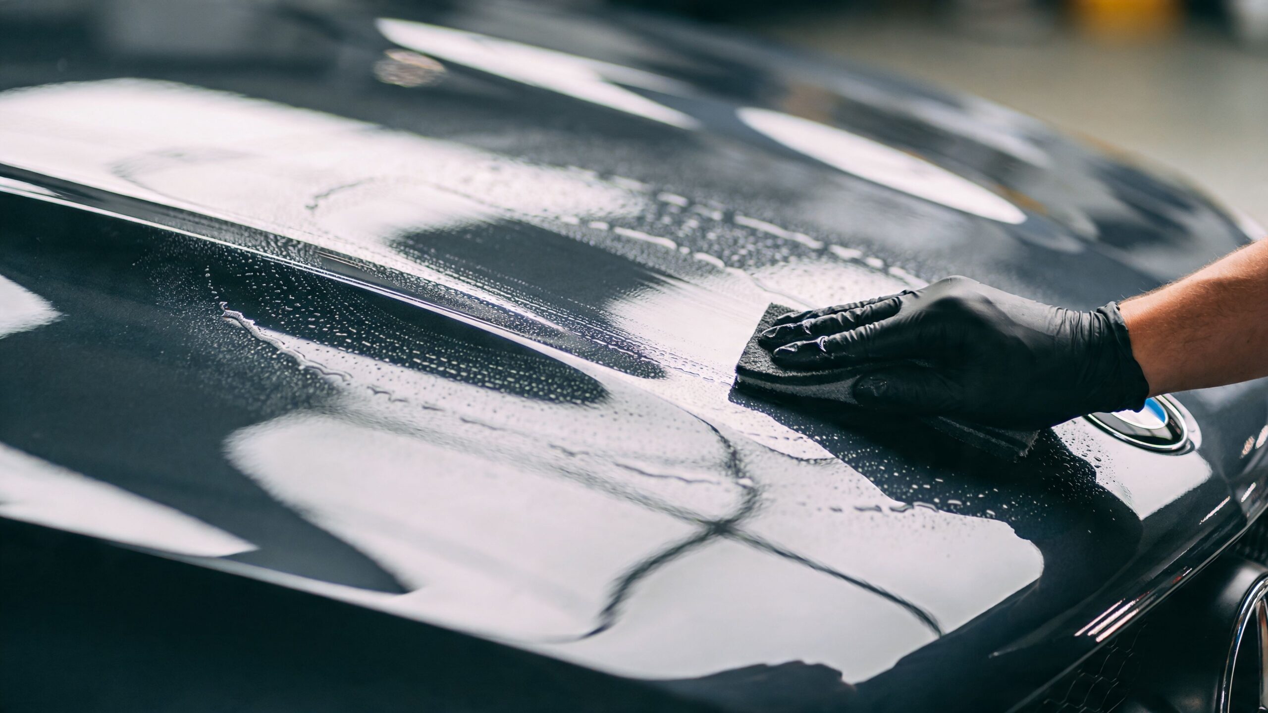 A professional car detailer wearing black protective gloves applying ceramic coating to a shiny car hood.