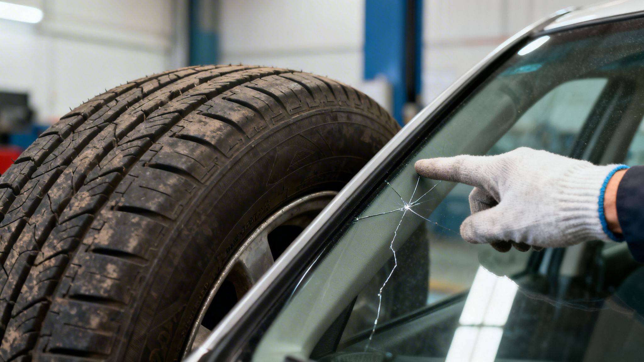 A gloved hand points to a star-shaped crack on a car's damaged windshield in a repair shop.