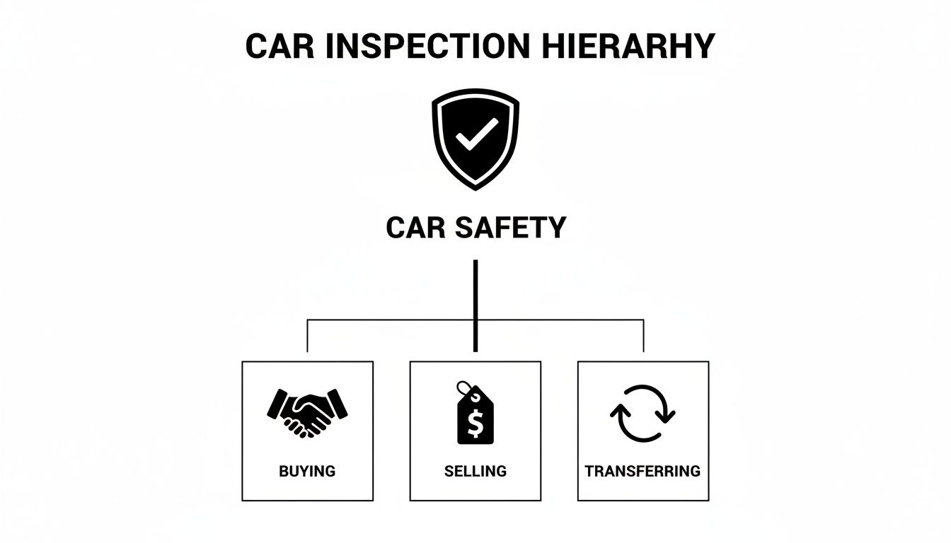 Diagram illustrating car inspection hierarchy focused on safety for buying, selling, and transferring vehicles.