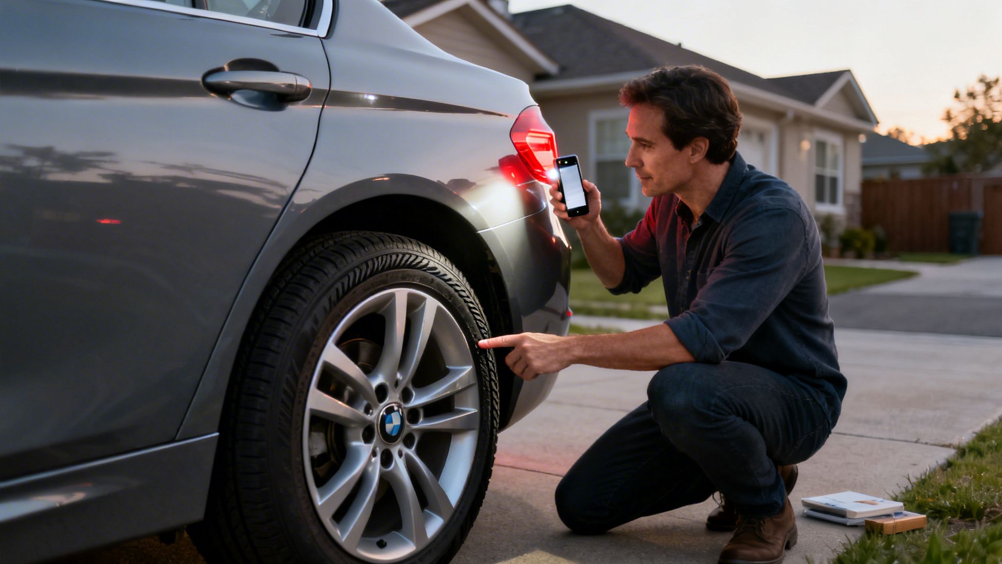 Man uses smartphone to inspect his car's tire, checking for wear or damage.
