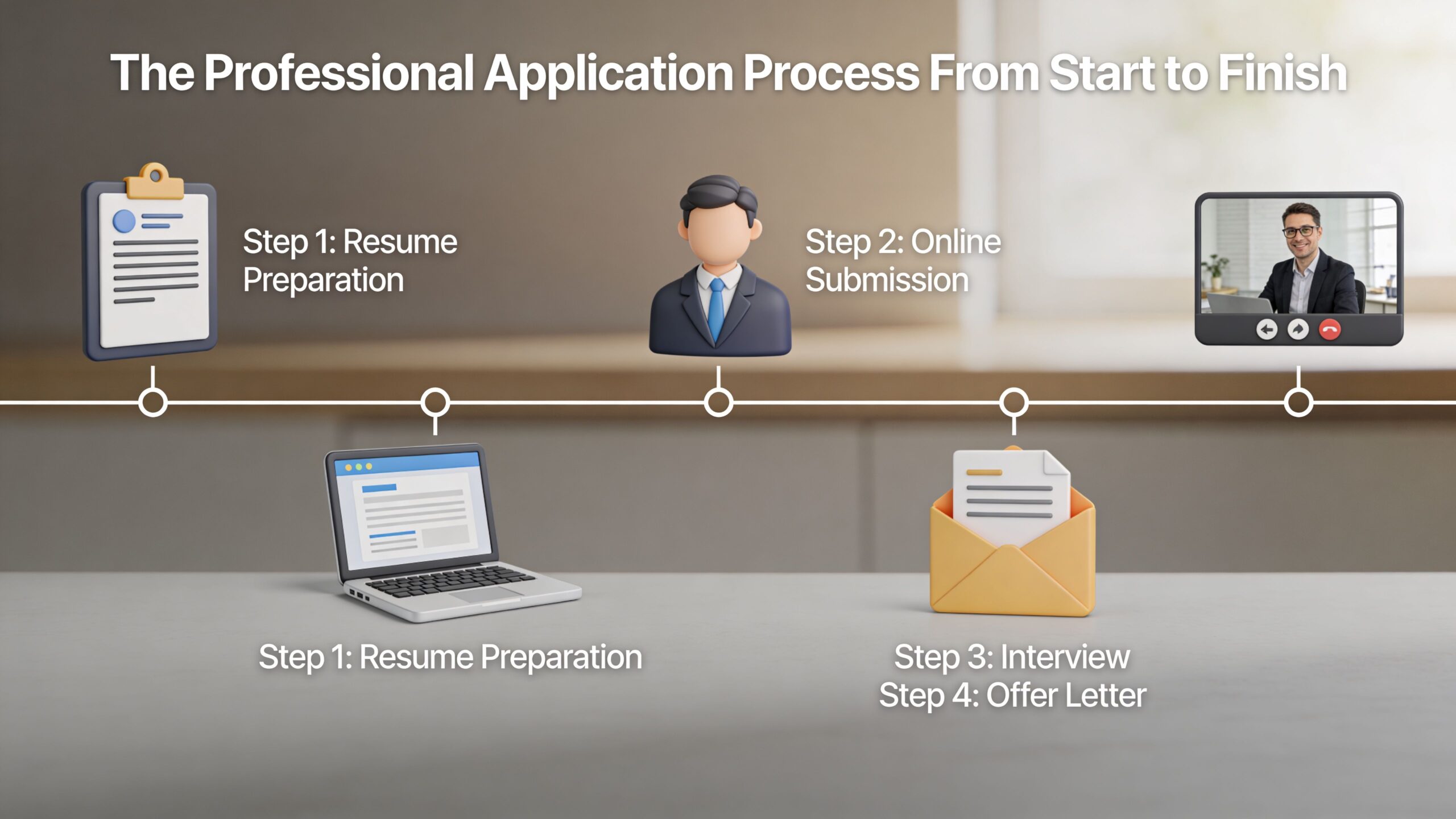 A 3D graphic showing the professional job application process from resume preparation to the final offer letter.