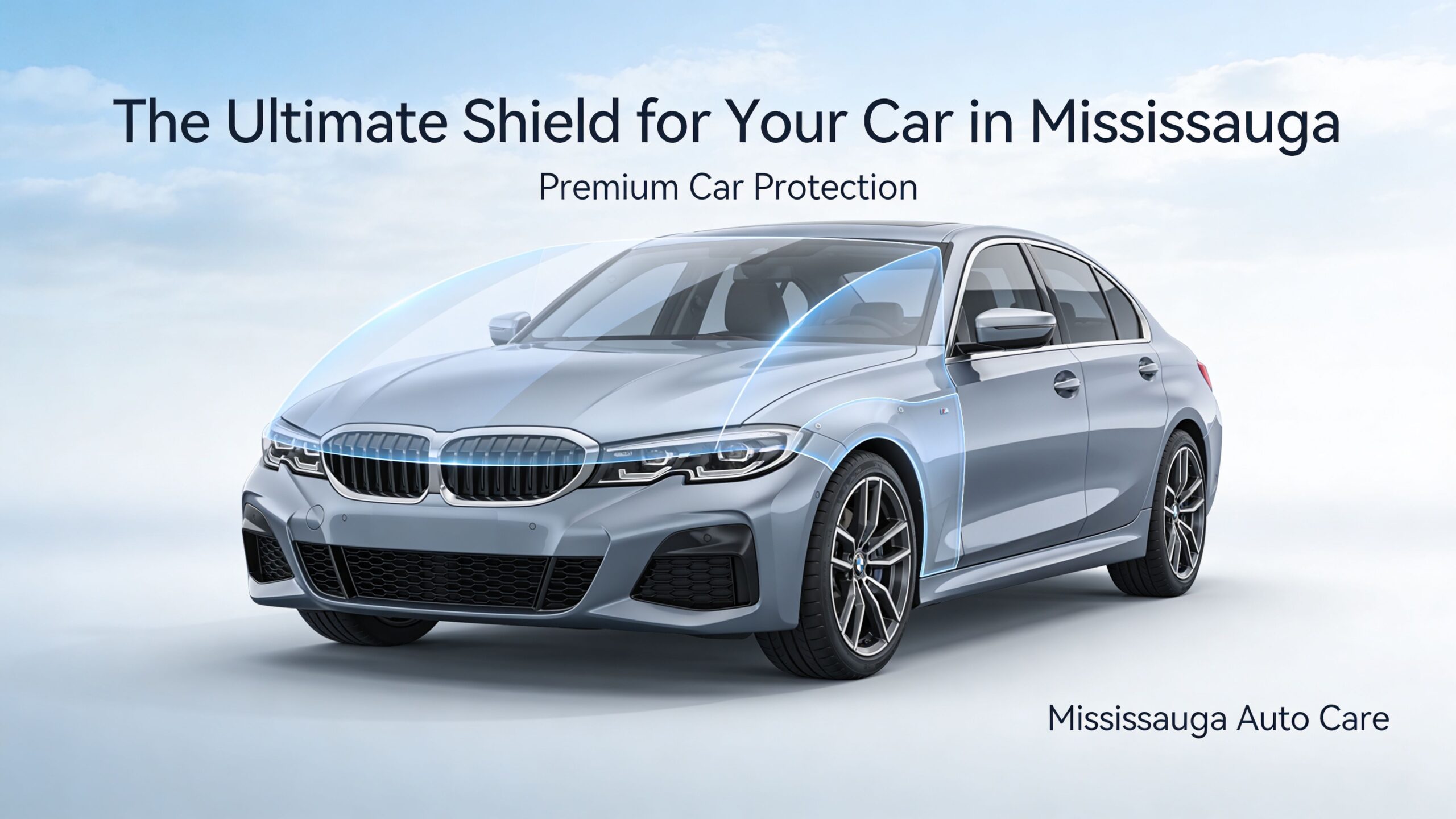 A silver BMW car with a digital blue protective shield overlay illustrating professional vehicle paint protection services.