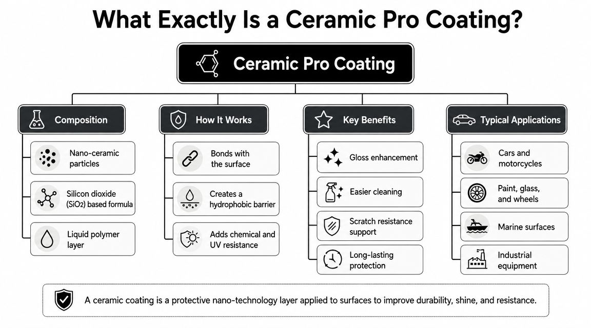 A diagram explaining the composition, benefits, and applications of Ceramic Pro protective nano-technology coating for surfaces.