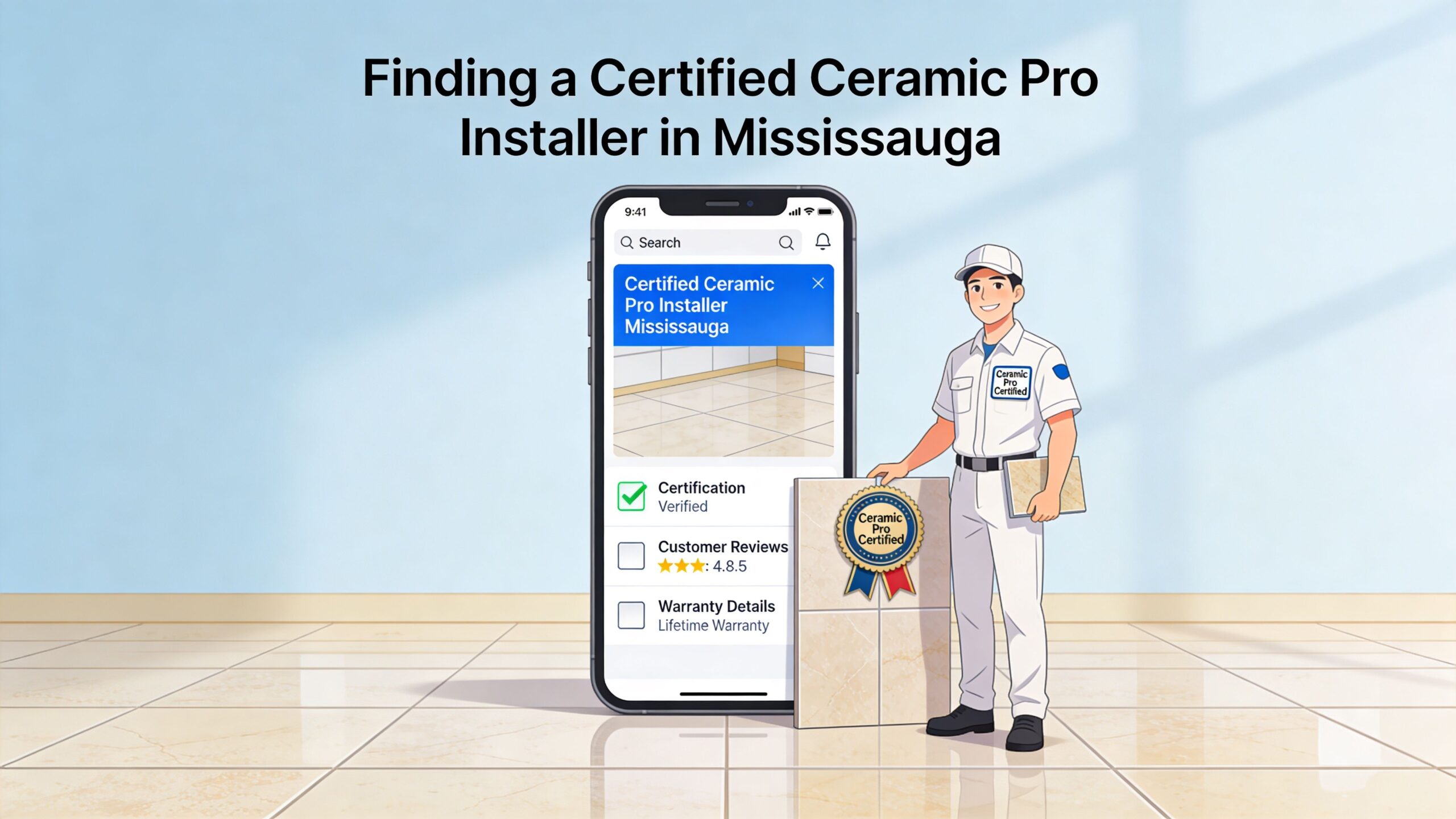 A digital illustration showing a mobile phone screen displaying a certified Ceramic Pro installer search in Mississauga.