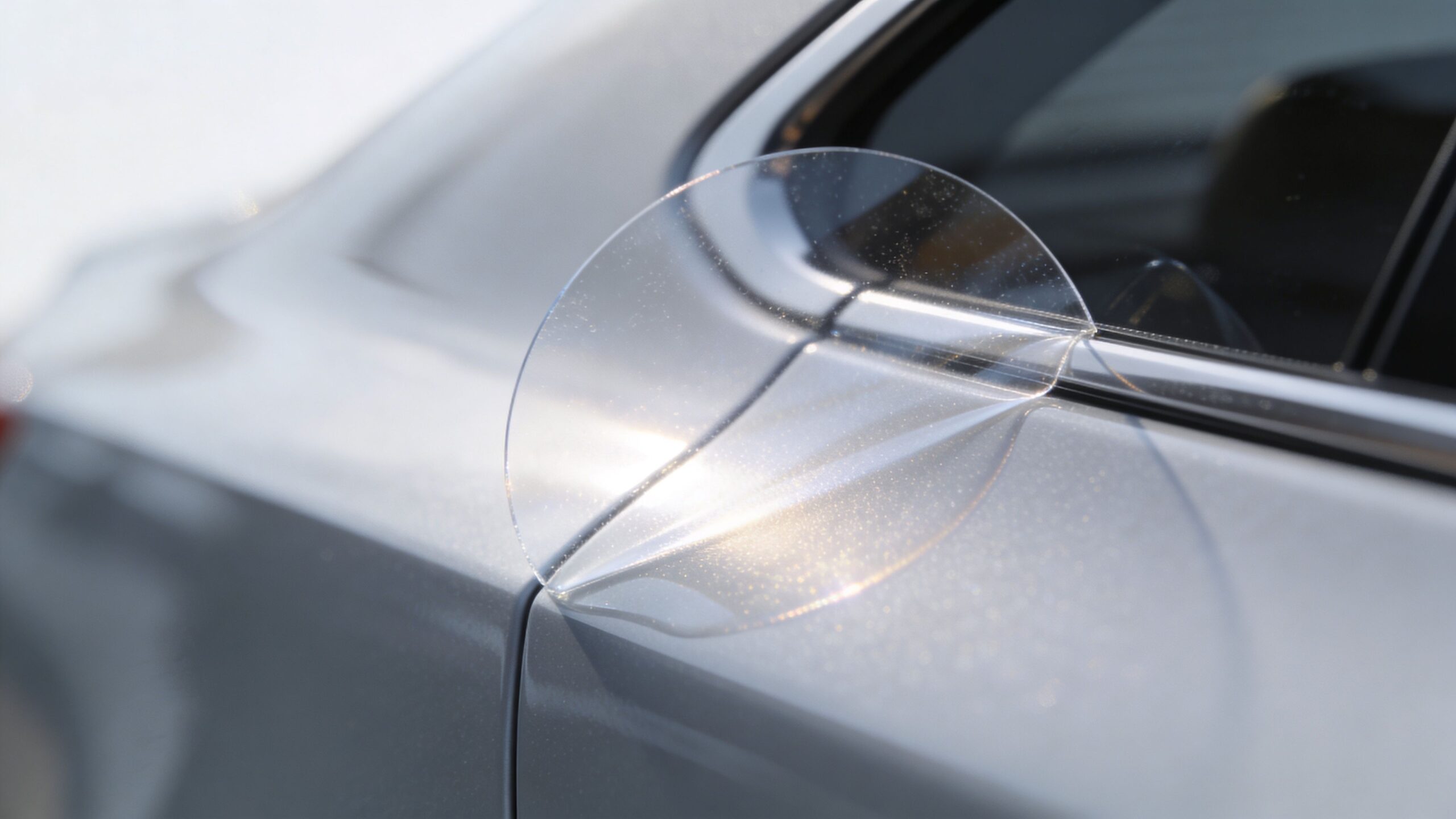 A close-up view of a protective paint protection film applied to the rear door of a vehicle.
