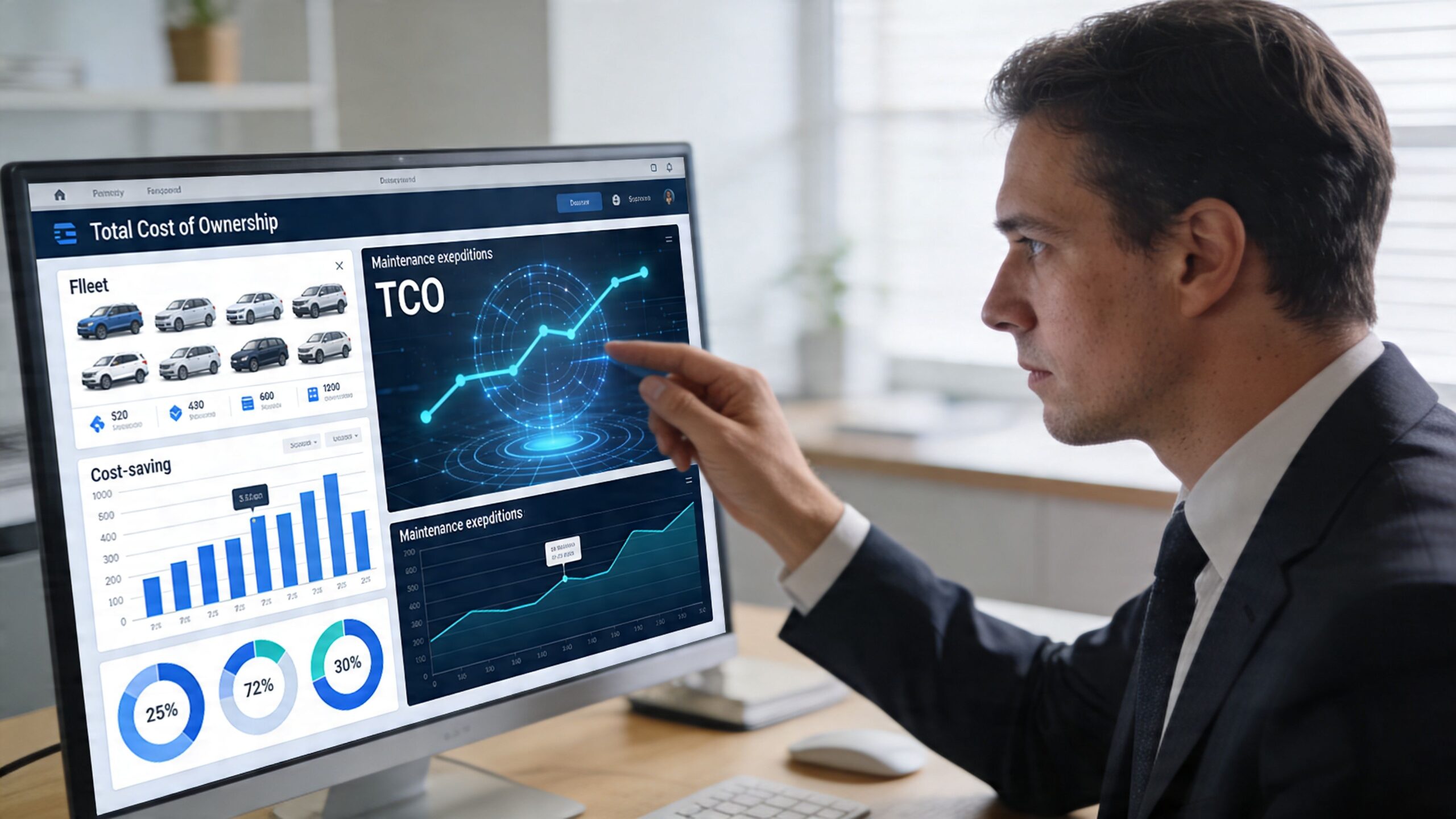 Fleet Maintenance: A Guide for Whitby Businesses 3 A professional man in a suit analyzing fleet maintenance data on a computer screen in an office.