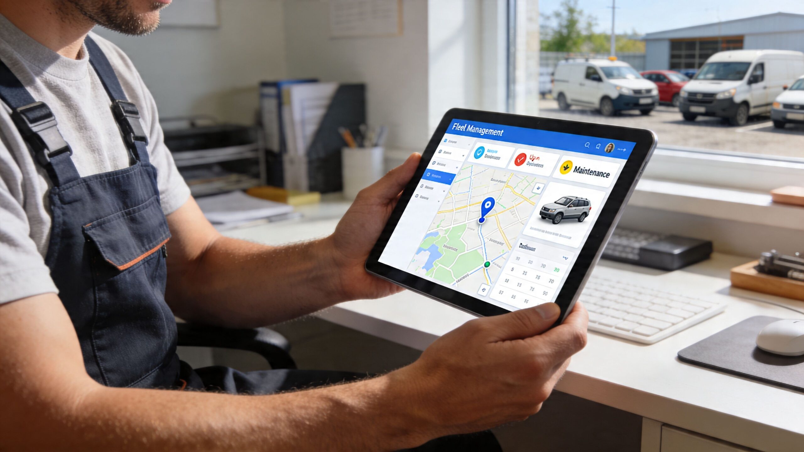 Fleet Maintenance: A Guide for Whitby Businesses 4 A professional technician wearing overalls uses a tablet displaying fleet management software in an office environment.