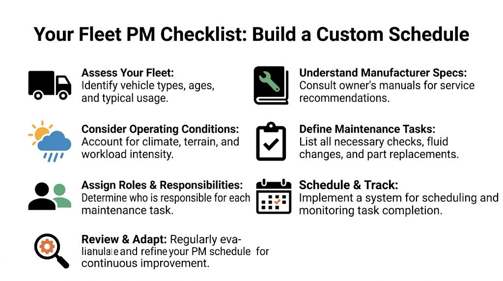 Fleet Maintenance: A Guide for Whitby Businesses 2 A checklist infographic titled Your Fleet PM Checklist outlining steps to build a custom vehicle maintenance schedule.