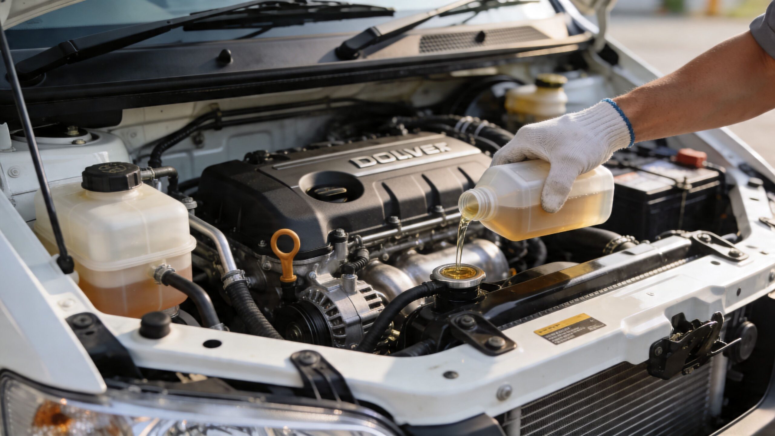 Fleet Maintenance: A Guide for Whitby Businesses 1 A mechanic wearing a white glove pours engine coolant into a vehicle radiator under the hood.