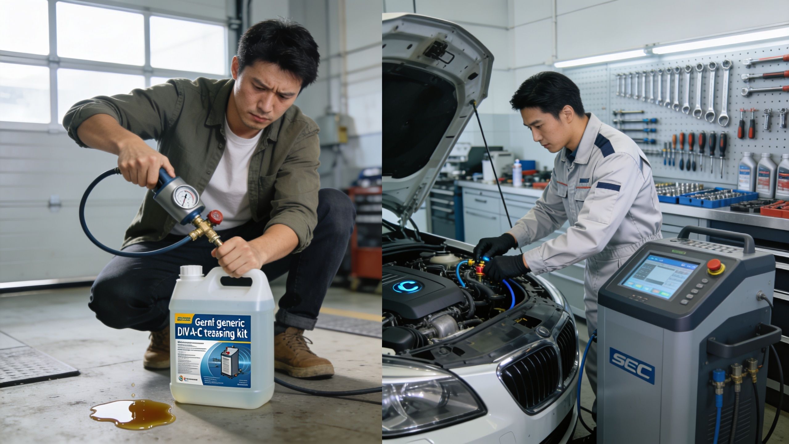 A mechanic performing car air conditioner repair and maintenance in a professional workshop environment.