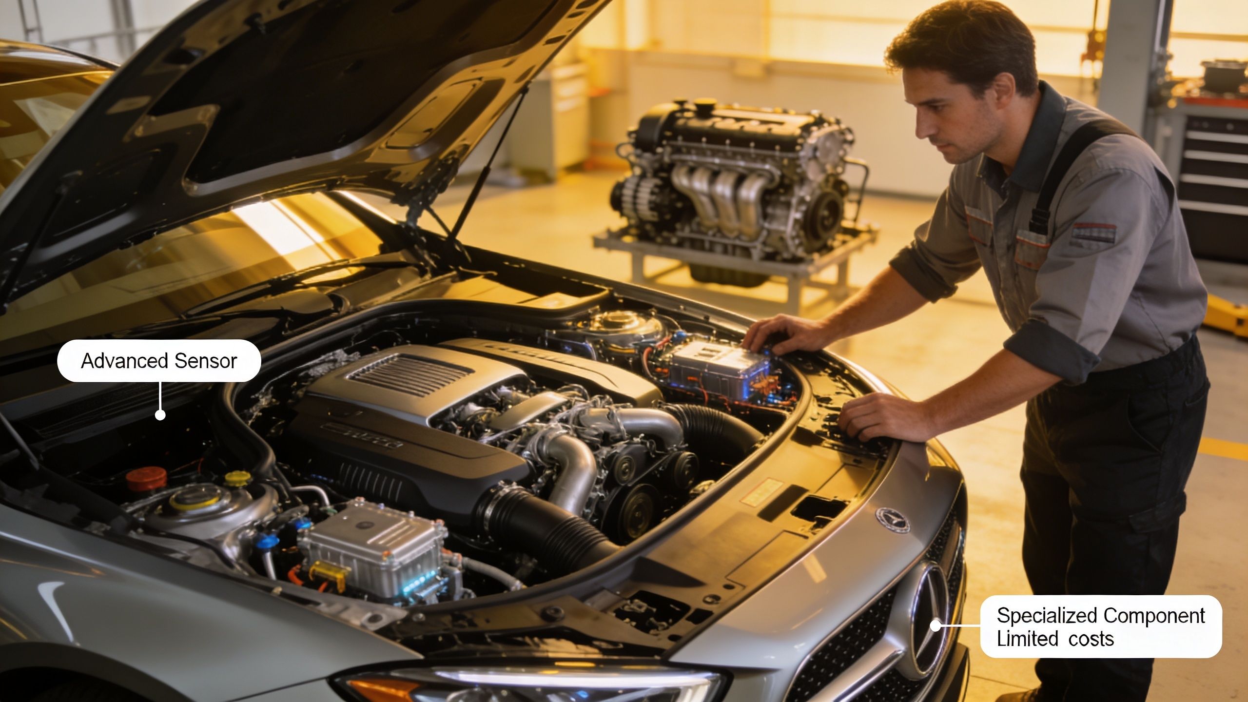 A professional automotive mechanic inspects the open engine bay of a modern Mercedes-Benz luxury vehicle.