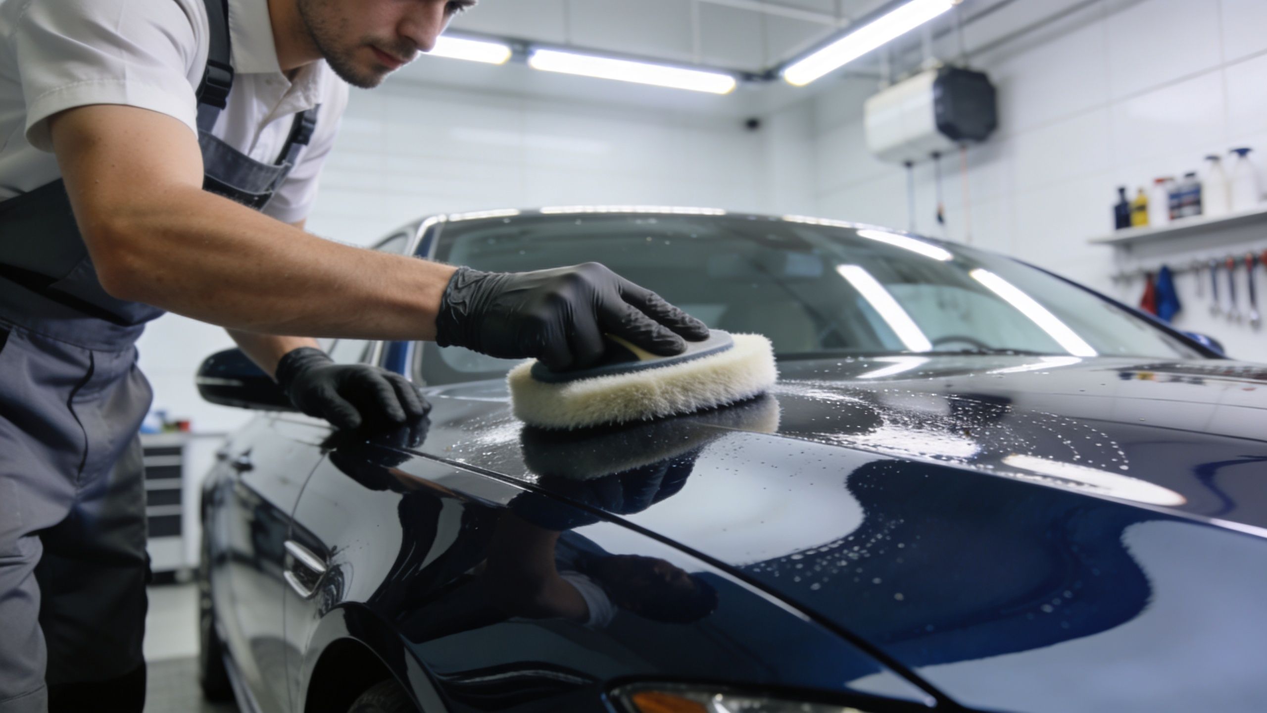 A professional detailer in black gloves meticulously applies wax to the hood of a shiny blue luxury car.