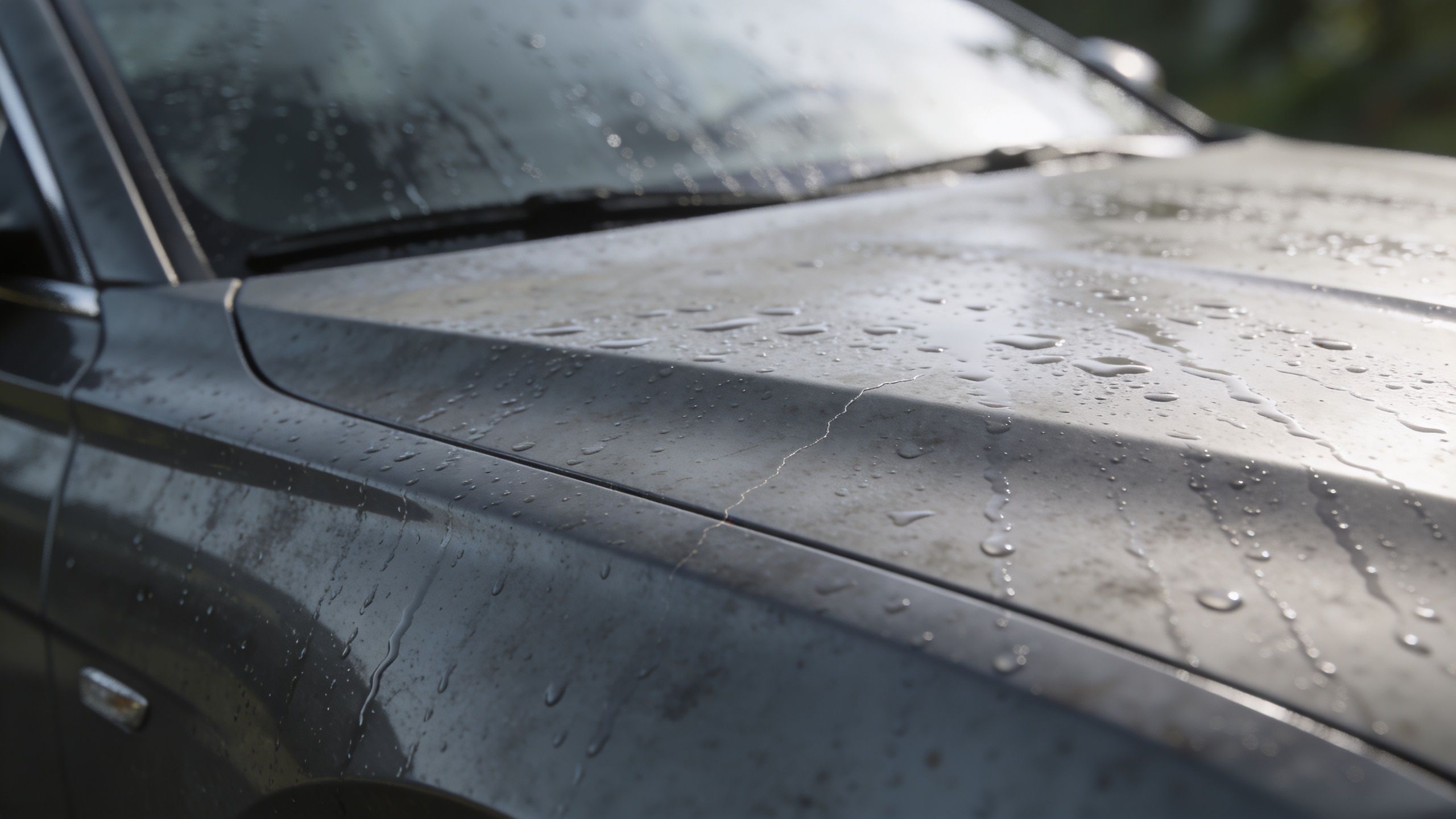 A close up view of a dark car hood covered in raindrops after a recent rainfall.