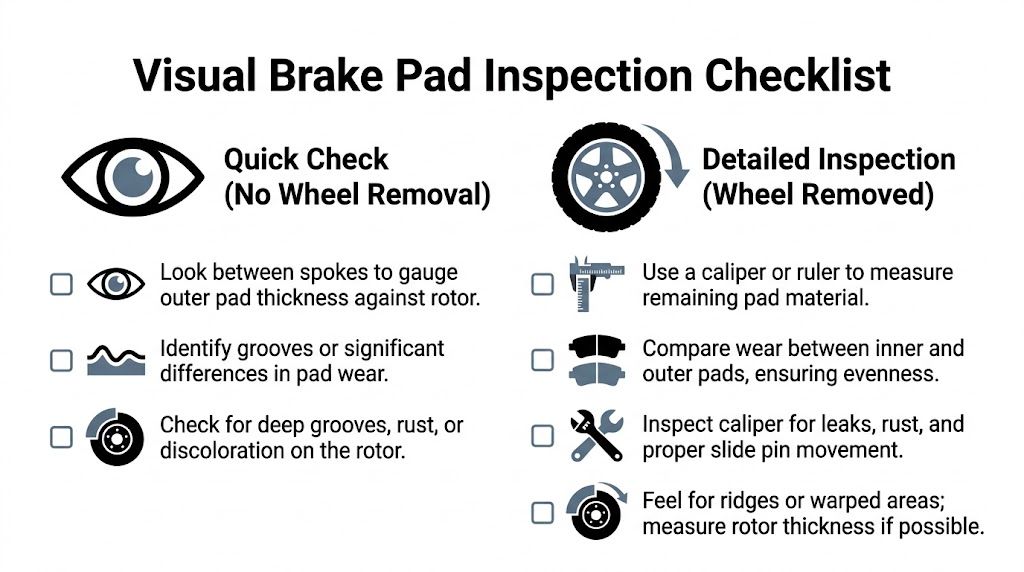 A visual inspection checklist guide explaining how to check brake pad wear with and without removing wheels.