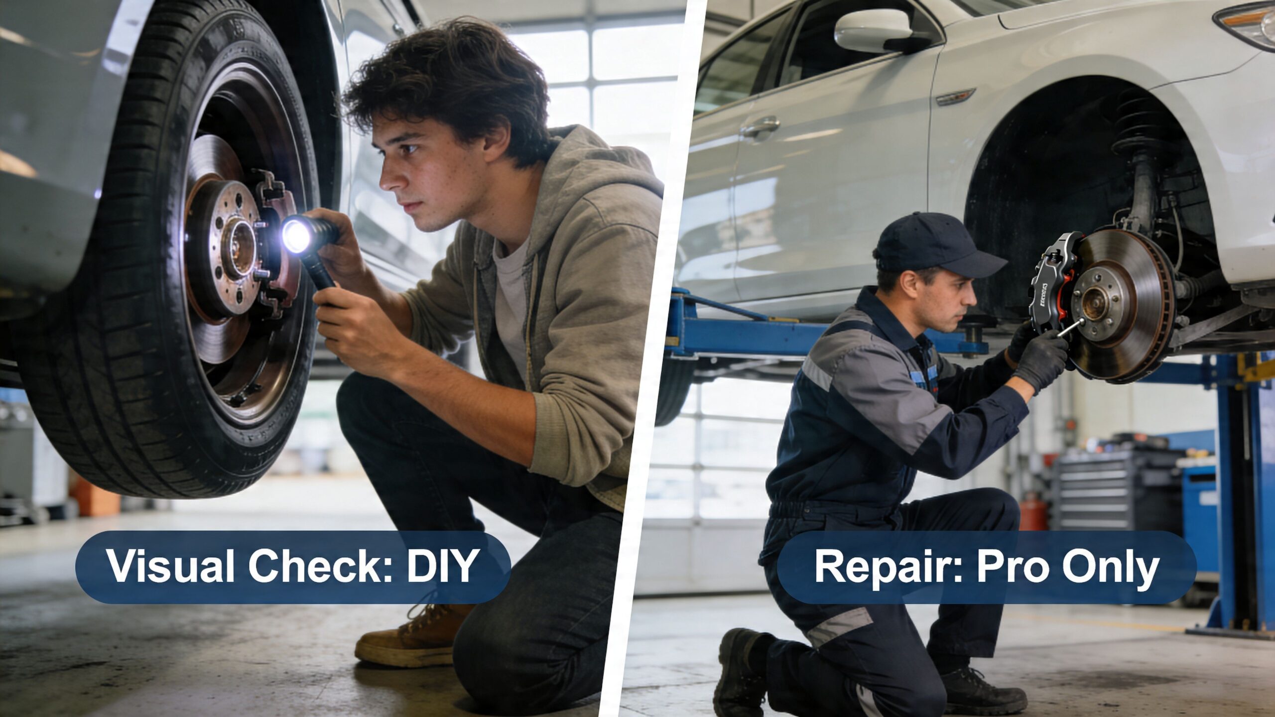 A split image showing a person inspecting brake pads on the left and a professional mechanic working on the right.