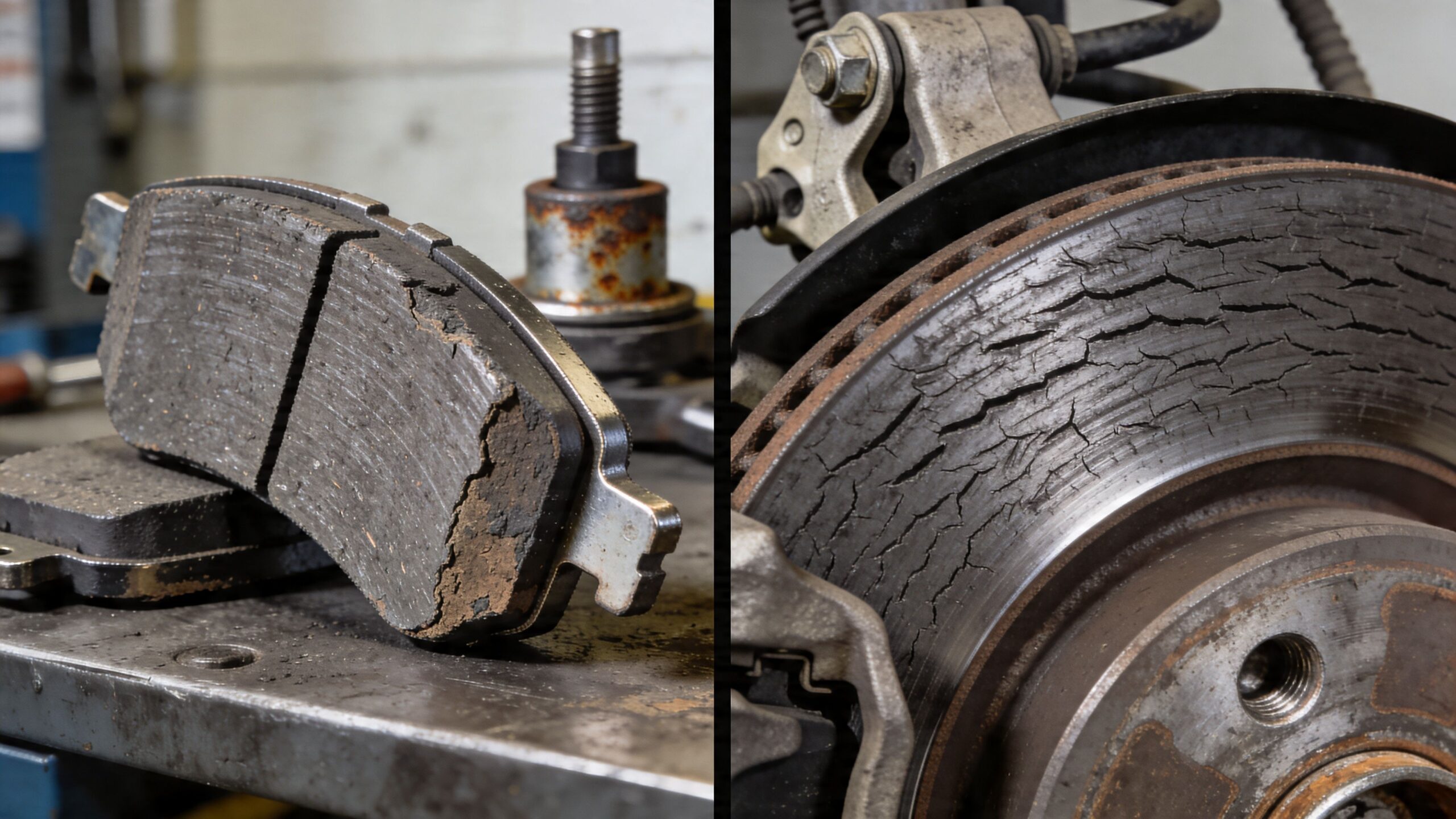 A split image showing a severely cracked and worn automotive brake pad alongside a heat-damaged brake rotor.