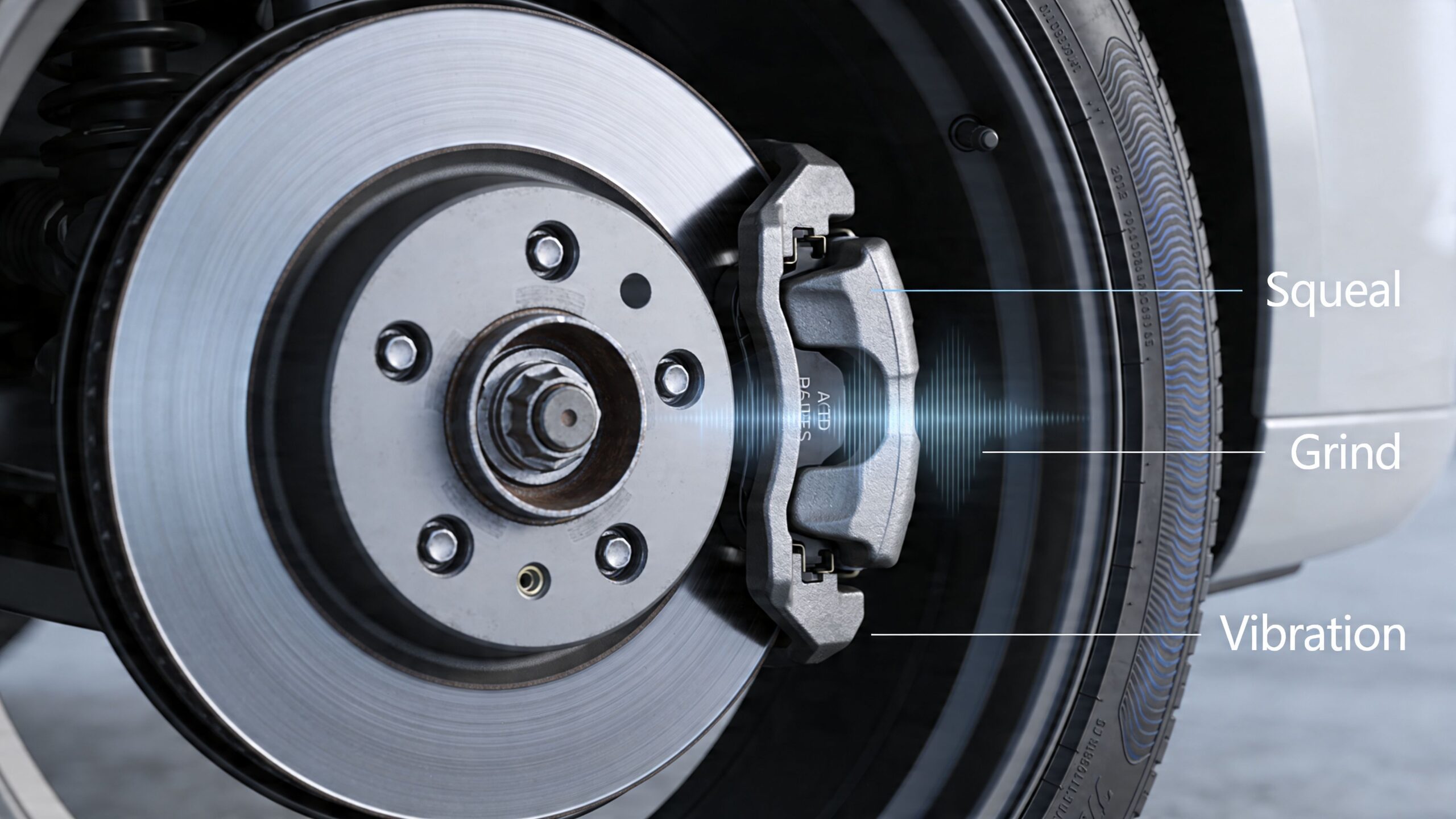 A close-up illustration of a car brake system highlighting symptoms of worn brake pads including squeal, grind, and vibration.