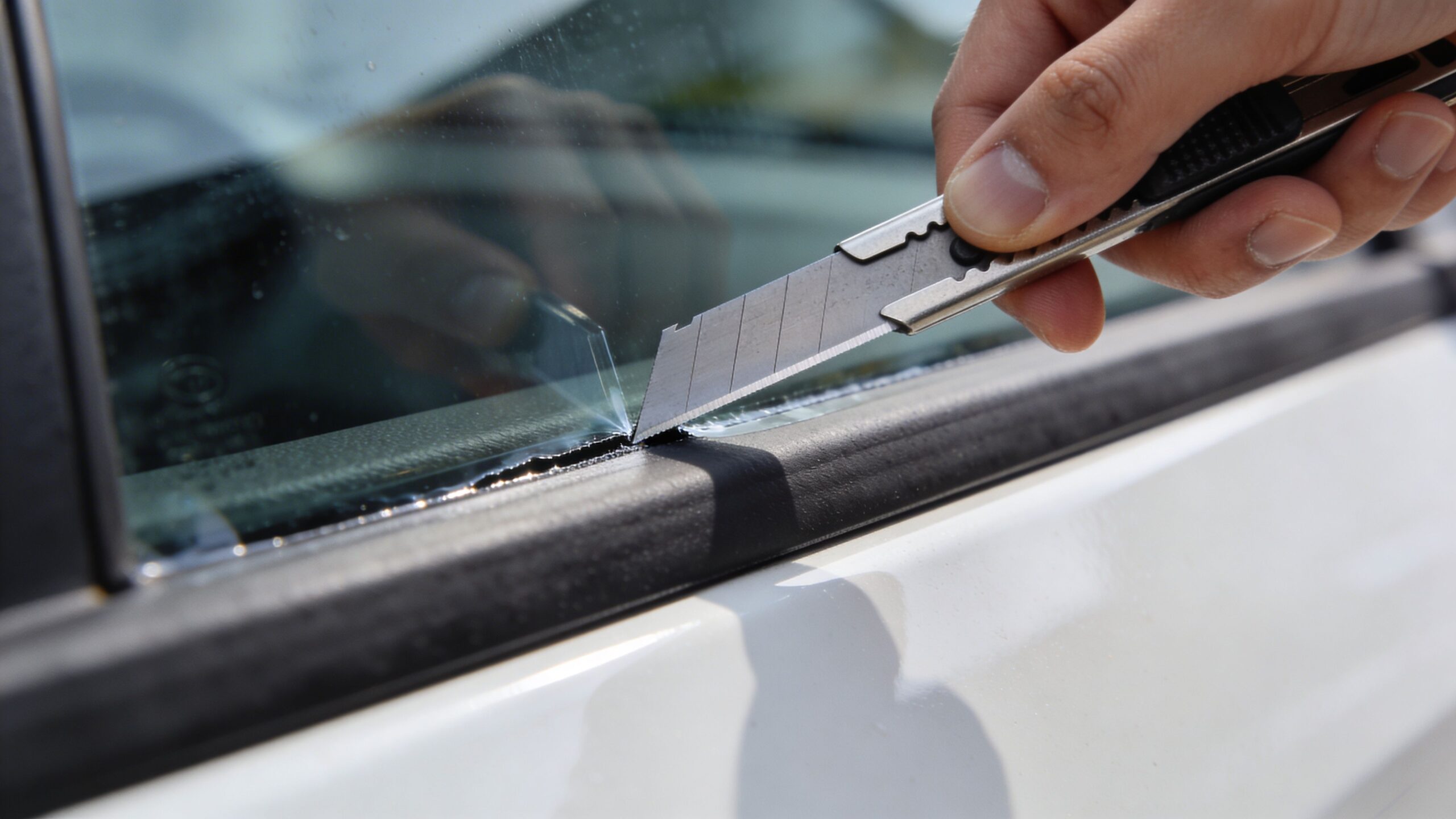 How to Tint Windows A Pro's DIY Guide 3 A hand using a utility knife to trim excess window tint film near the rubber car seal.