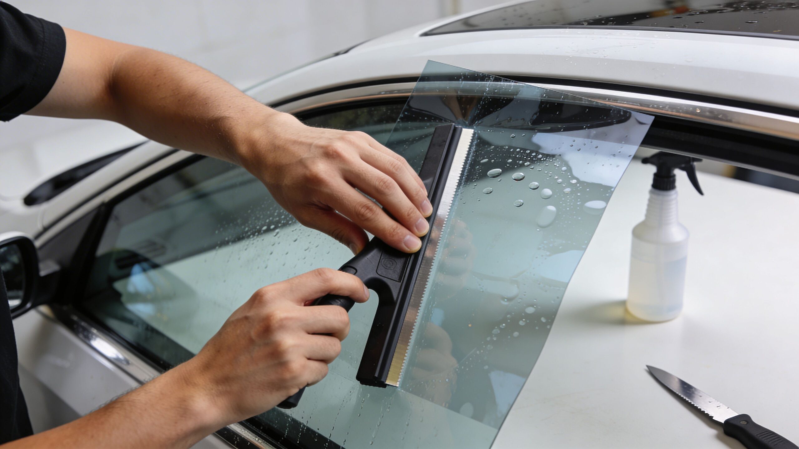 How to Tint Windows A Pro's DIY Guide 2 A professional technician carefully applying dark window tint film to a car door glass using a squeegee.