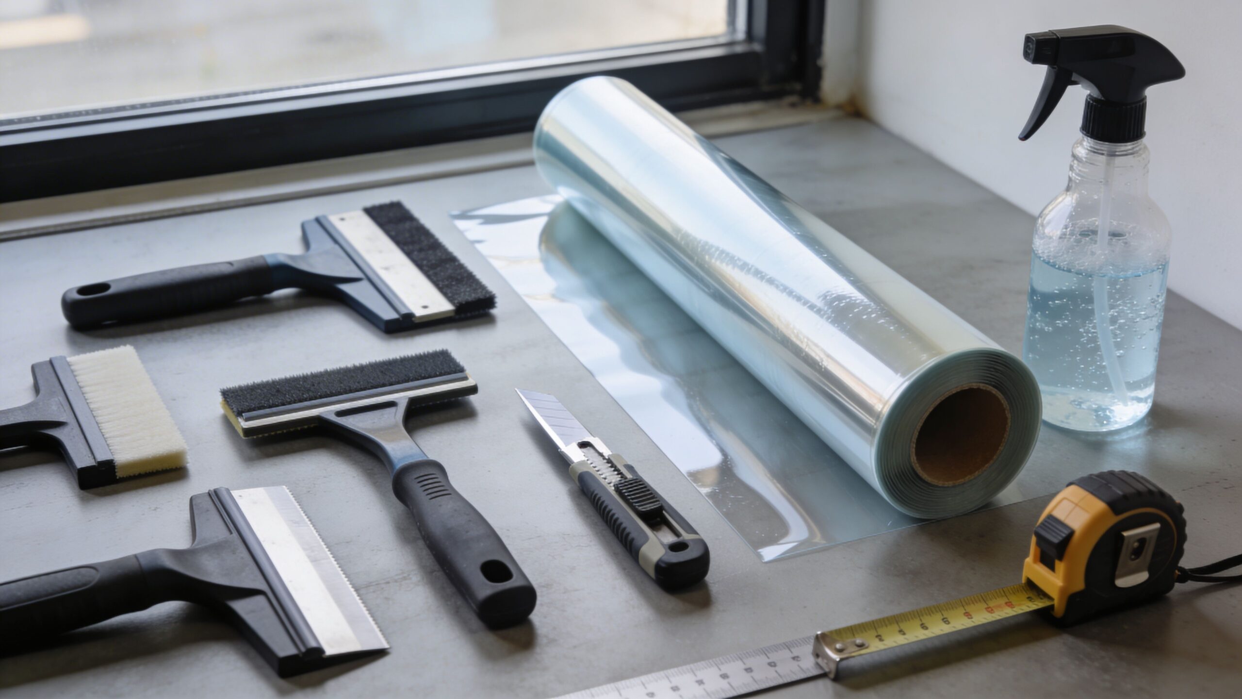 How to Tint Windows A Pro's DIY Guide 1 A collection of tools including a squeegee, utility knife, spray bottle, and window tint film on a desk.