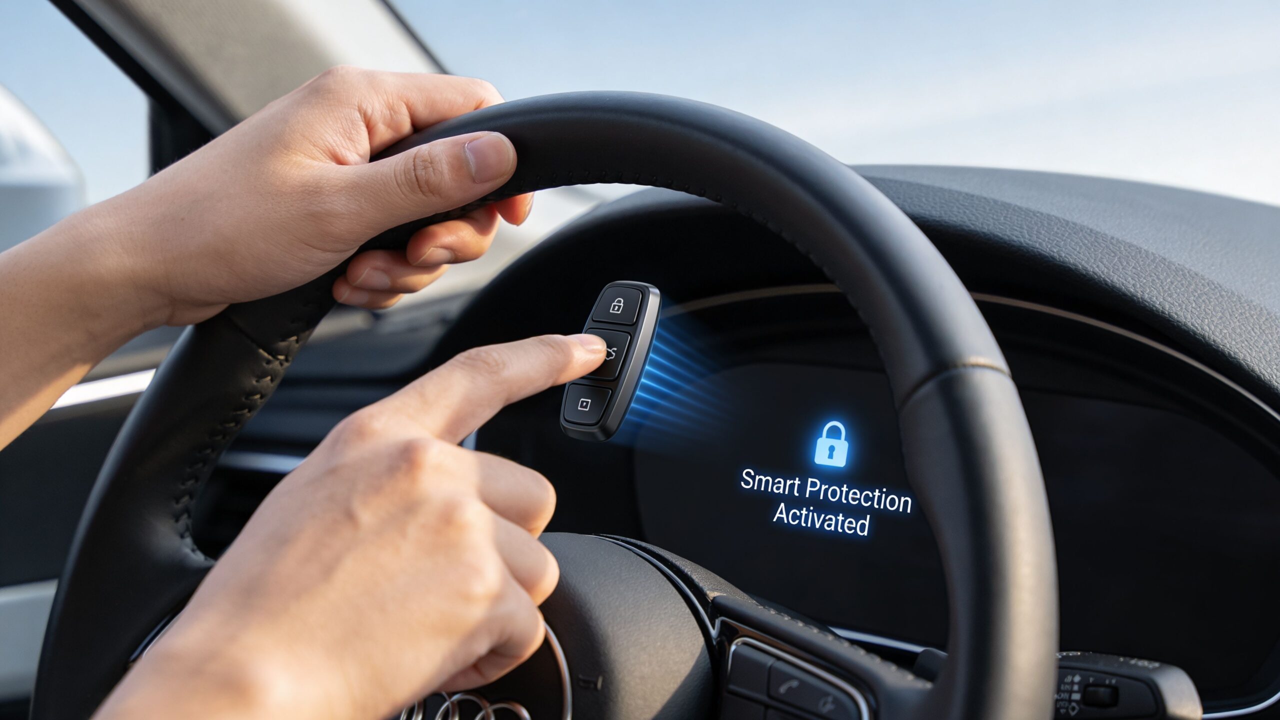 A driver uses a digital car key to activate the Igla anti-theft security system in an Audi.