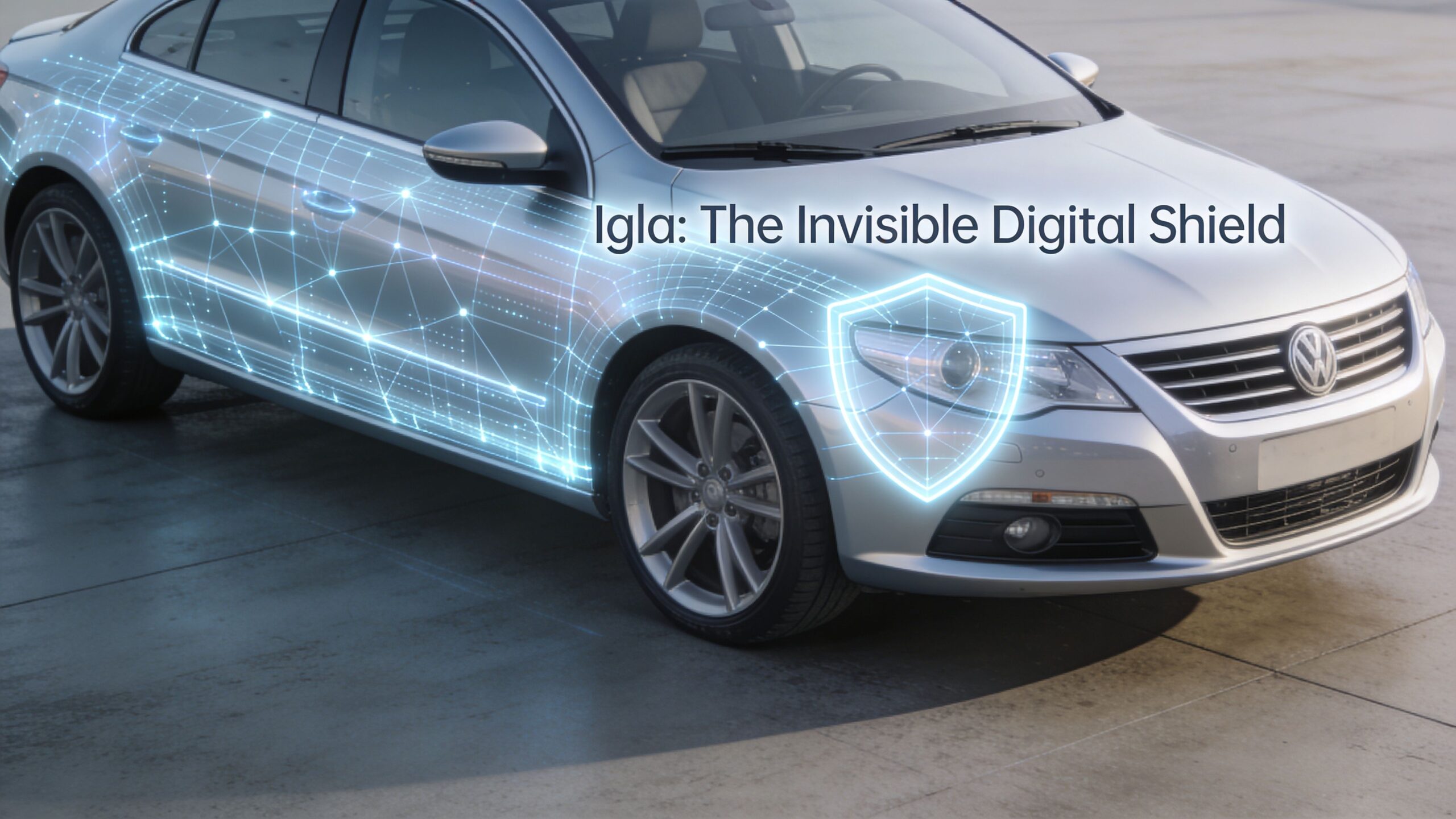 A silver Volkswagen car featuring a digital blue glowing shield graphic representing the Igla anti-theft security system.