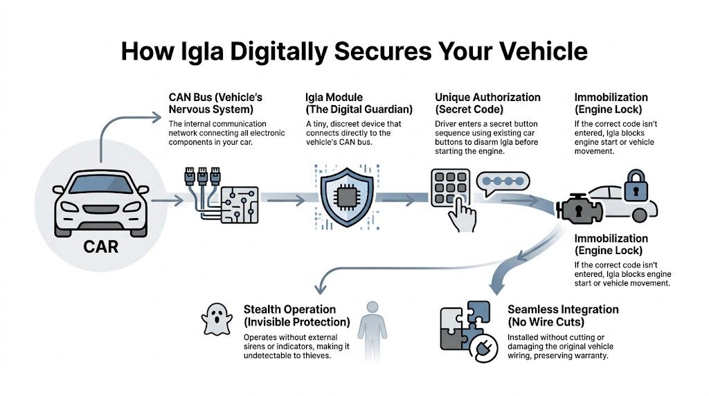 A diagram illustrating how the Igla digital anti-theft system secures a vehicle using CAN bus technology.