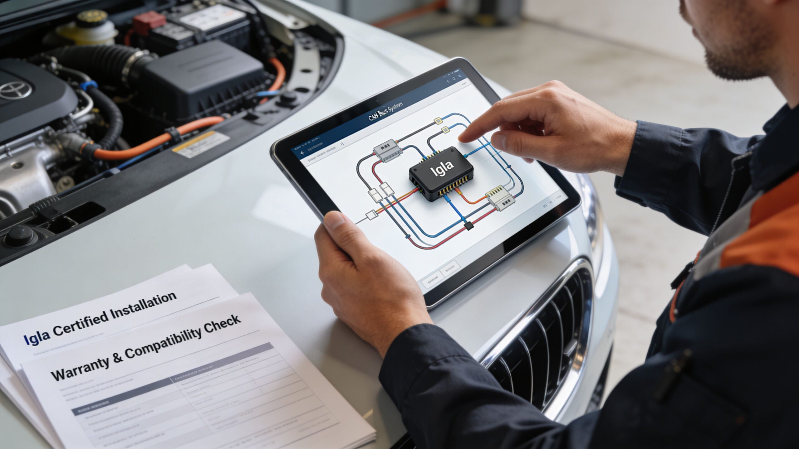 A technician using a tablet to configure an Igla CAN bus anti-theft system on a car engine.