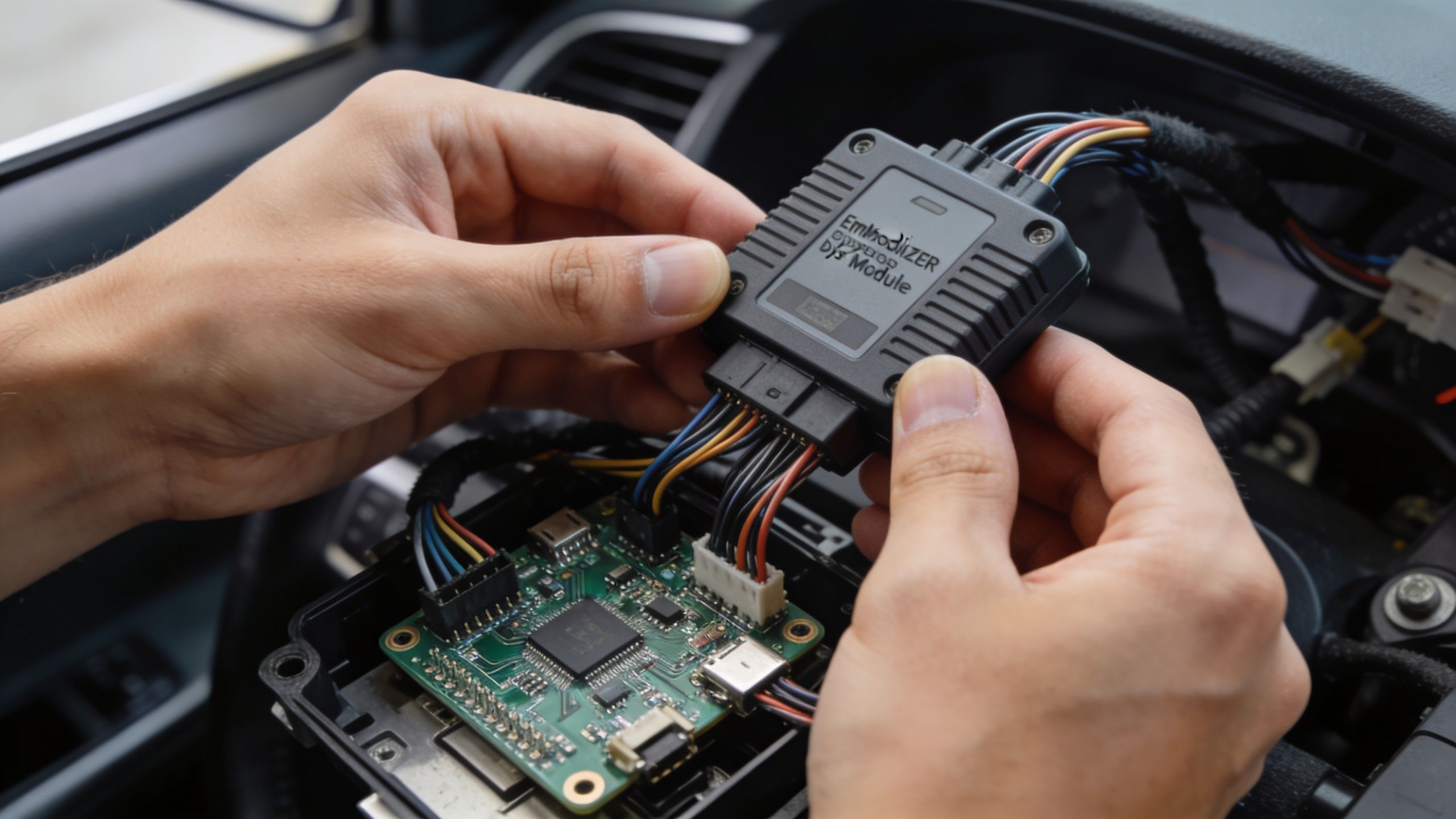 A person installs a car remote starter module by connecting wires to a circuit board in a car.