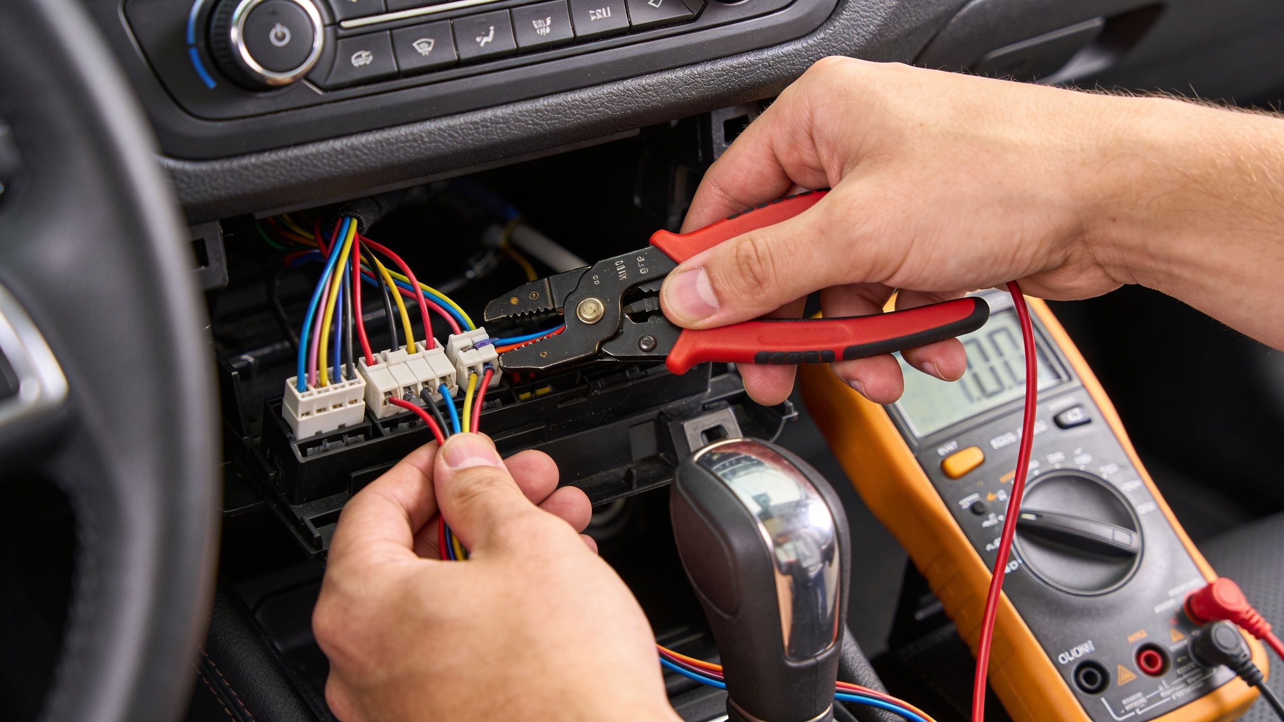 A technician using wire strippers to install a car remote starter in a vehicle dashboard.