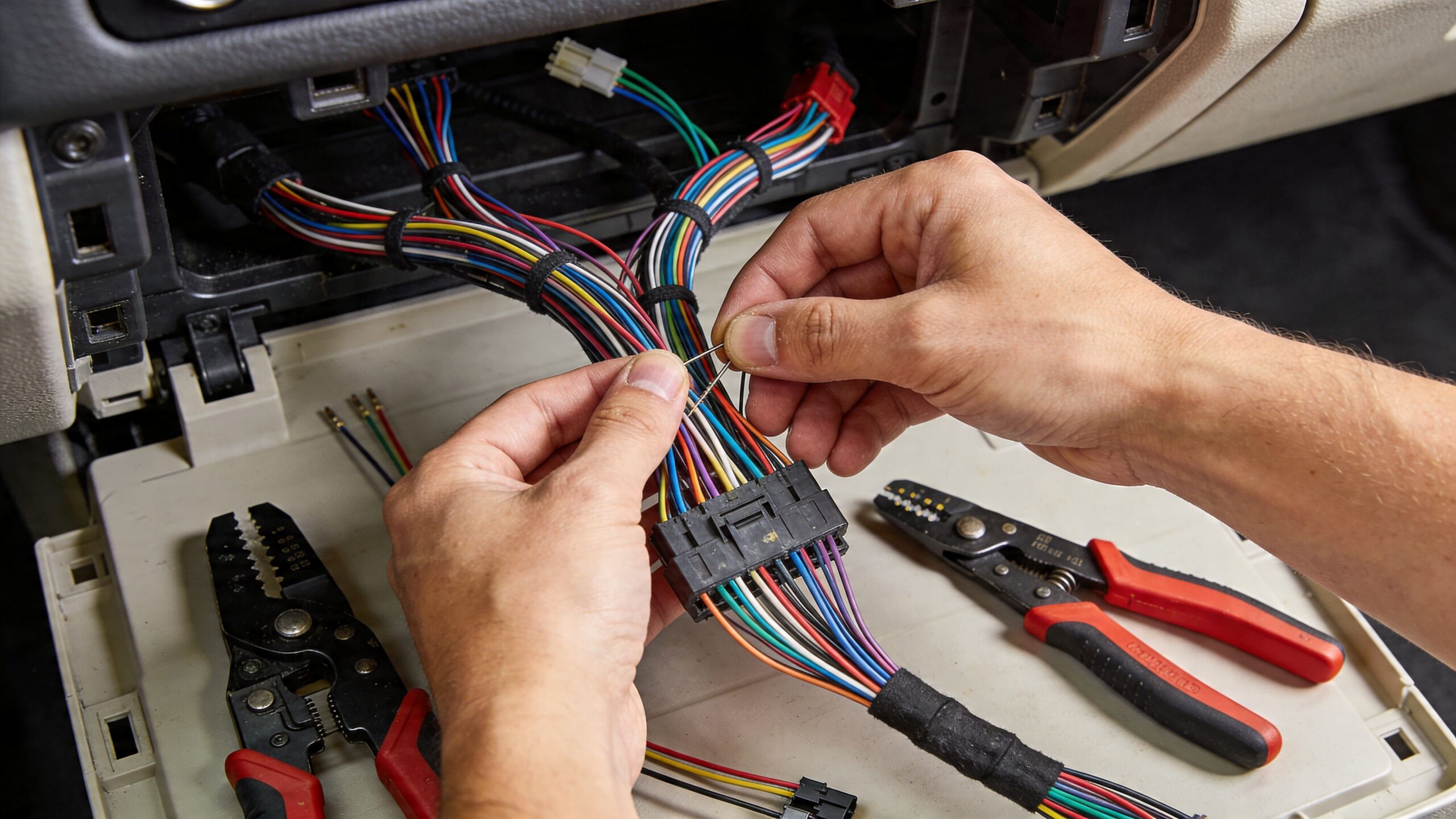 A close-up view of a person installing a car stereo system, wiring together colorful car audio cables.