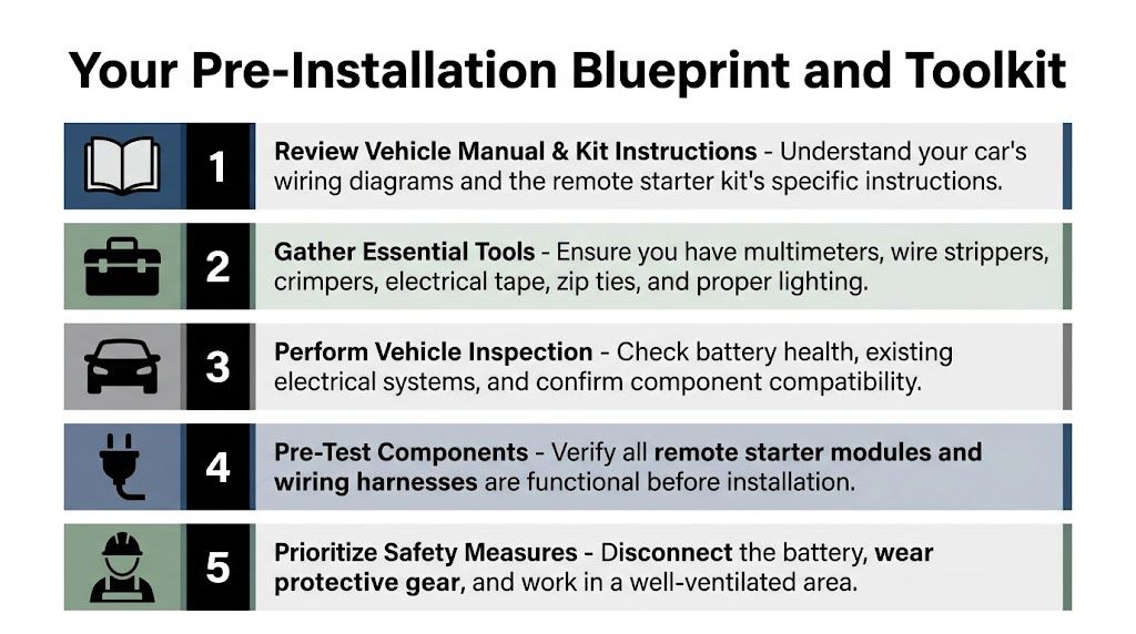 A five-step infographic guide detailing essential pre-installation preparation steps for installing a car remote engine starter.