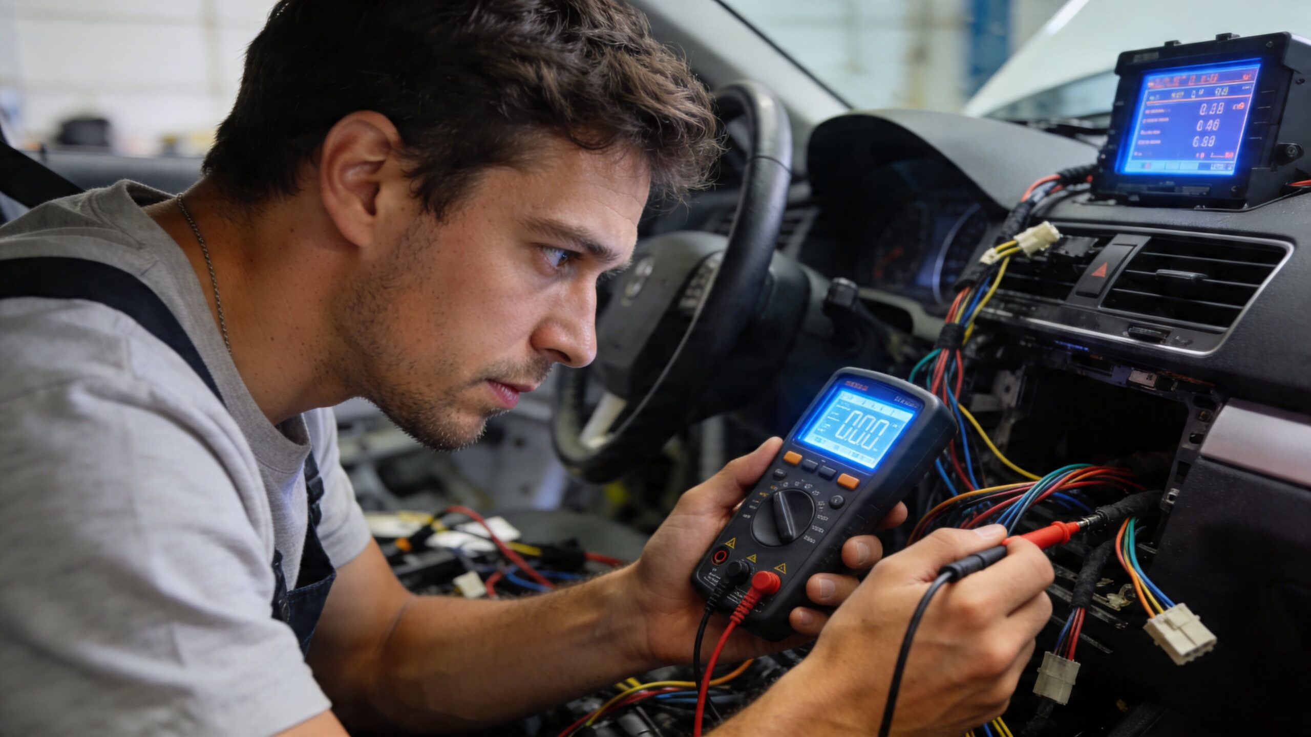 A car mechanic testing electrical wiring in a vehicle dashboard using a digital multimeter for repairs.