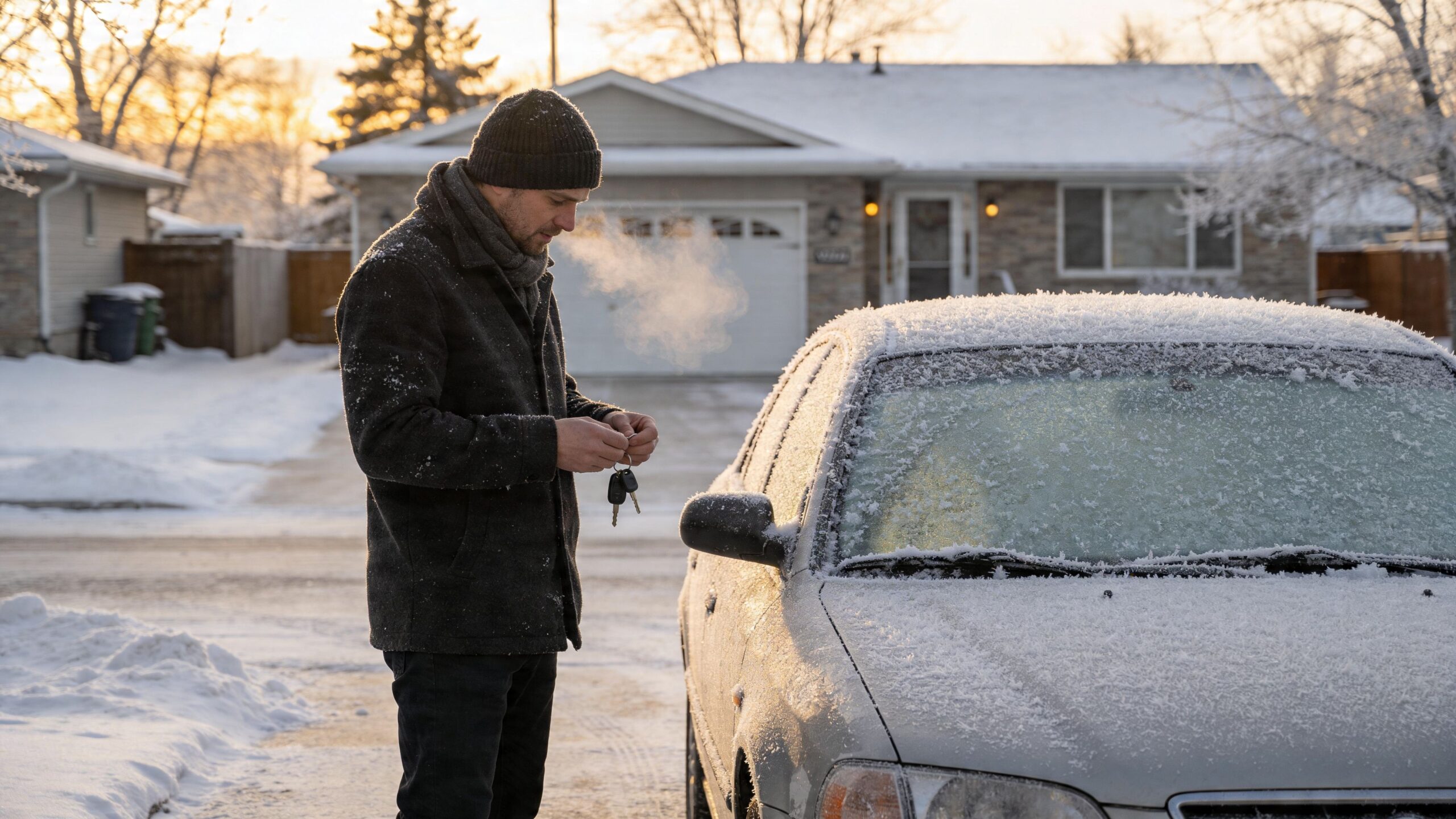A man in winter gear holding car keys while standing next to a frosted, snow-covered vehicle.