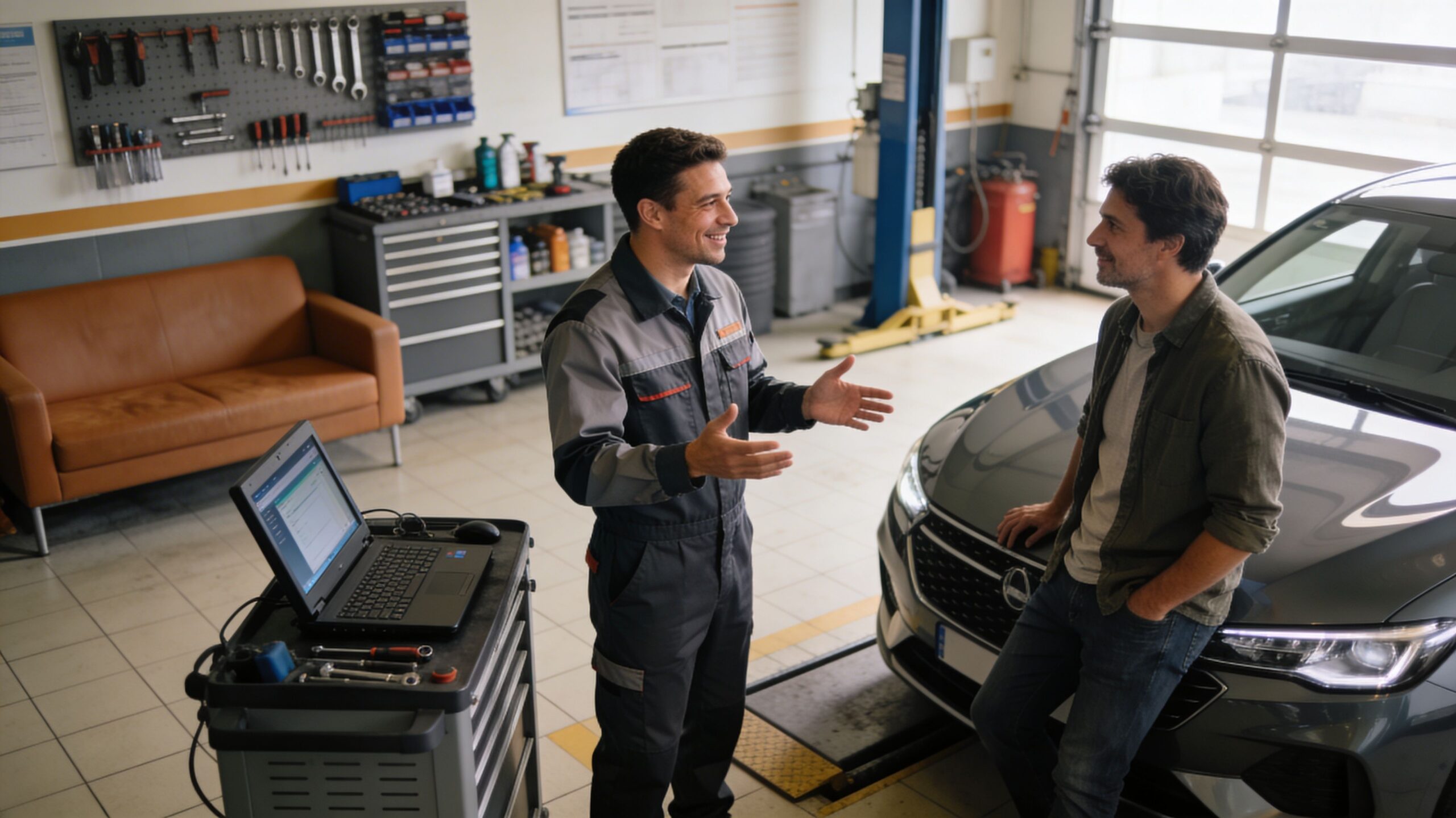 A friendly auto mechanic discusses car repairs with a customer standing next to a vehicle in a shop.
