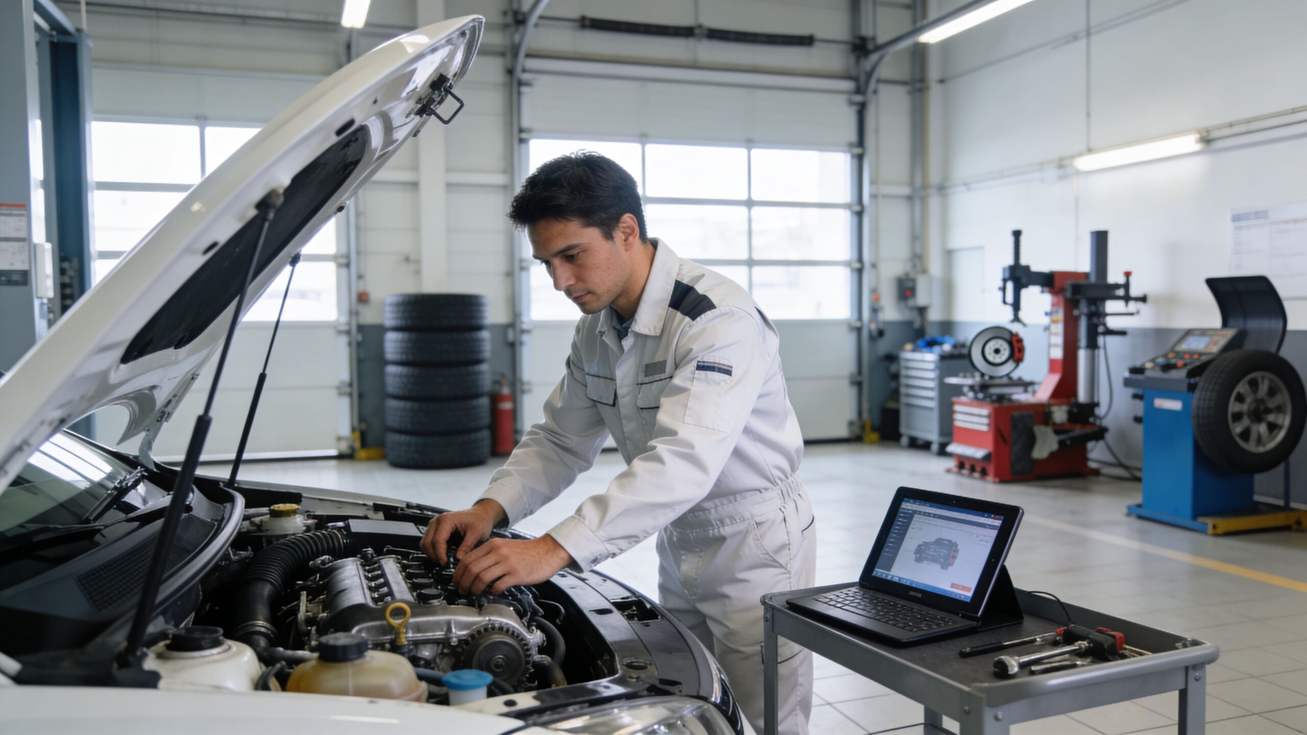 A professional mechanic in a white uniform working on a car engine in a modern repair shop.