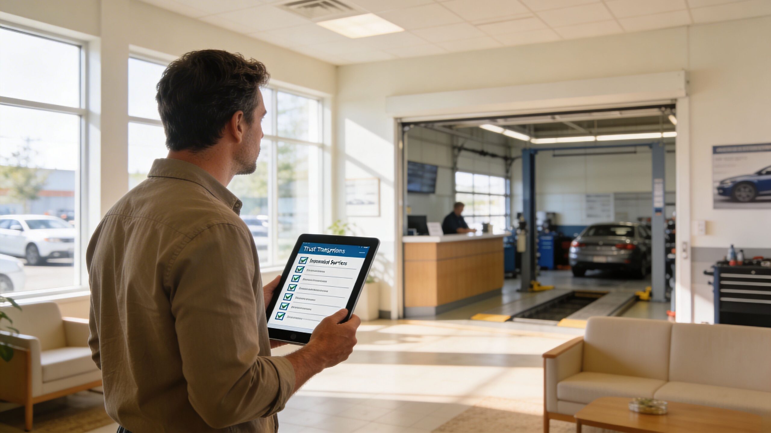 A man in a service center holds a tablet reviewing a digital service checklist for a vehicle.